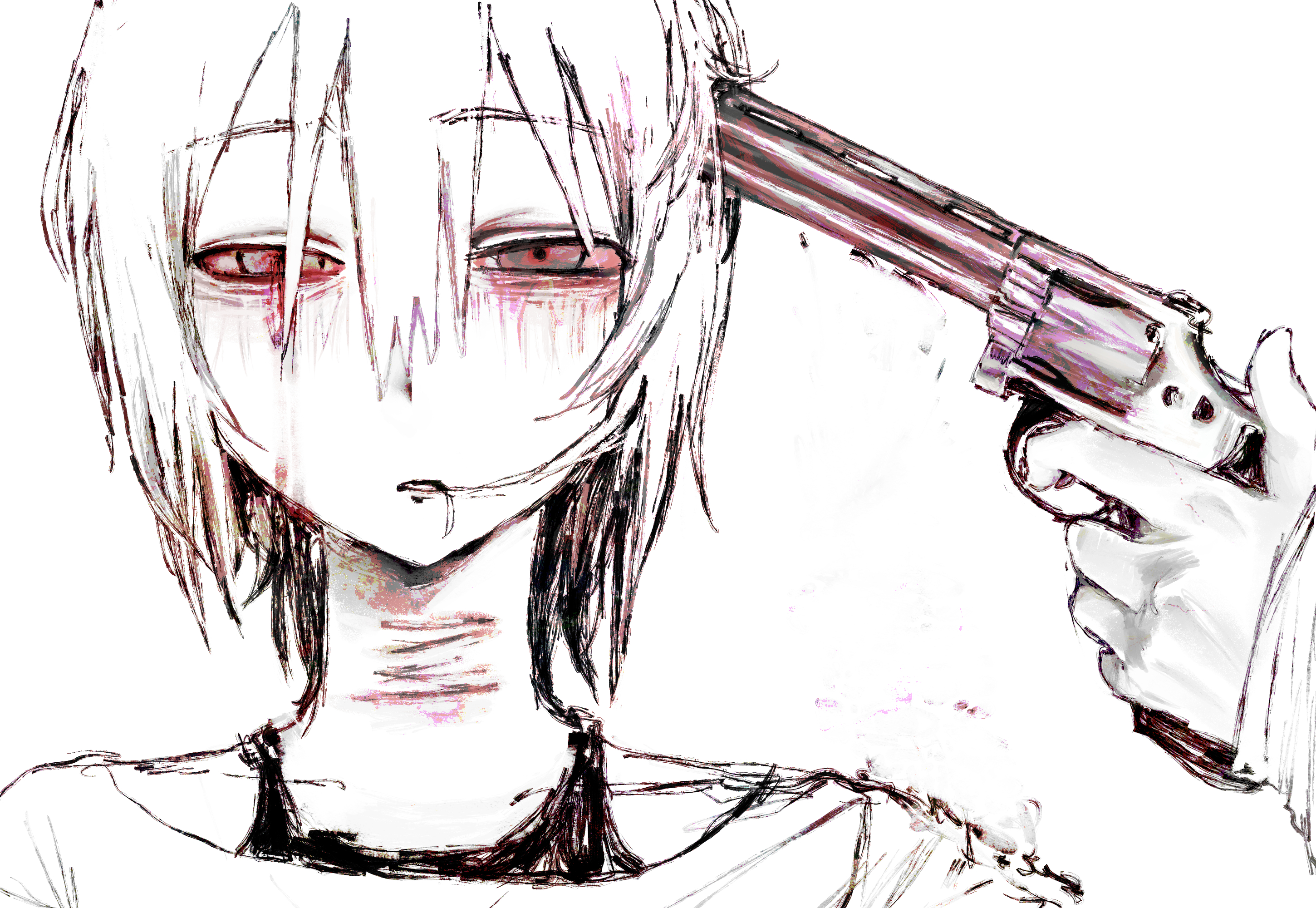 original, highres, 1girl, bloodshot eyes, bra strap, chewing, drooling, gun, gun to head, hair in own mouth, handgun, holding, holding gun, holding weapon, imminent suicide, looking at viewer, mqd0i, off shoulder, playing with own hair, portrait, scar, scar on neck, self-harm, short hair, slit throat, solo, sweater, weapon