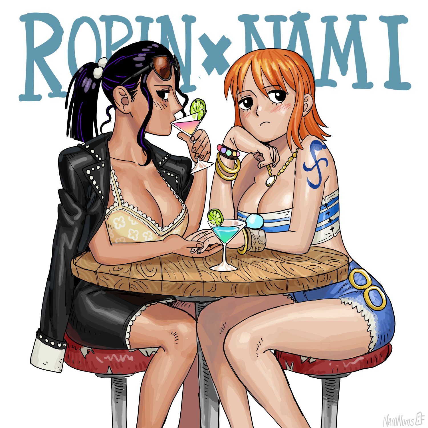 namnums, nami (one piece), nico robin, one piece, commentary, english commentary, highres, 2girls, alternate costume, bandeau, bar stool, black eyes, black hair, black jacket, black skirt, blue bandeau, bracelet, breasts, camisole, character name, cleavage, cocktail, cocktail glass, crop top, cup, dark-skinned female, dark skin, denim, denim shorts, drink, drinking, drinking glass, eyewear on head, feet out of frame, frilled camisole, frilled skirt, frills, frown, full body, gold bracelet, gold necklace, hair bobbles, hair ornament, half-closed eyes, hand on own chin, head on hand, head rest, holding, holding drink, holding hands, jacket, jacket on shoulders, jewelry, large breasts, light blush, log pose, looking at viewer, multiple bracelets, multiple girls, necklace, on stool, orange hair, ponytail, profile, round table, short hair, short shorts, shorts, shoulder tattoo, sideways glance, sitting, skirt, stool, sunglasses, table, tattoo, two-tone bandeau, white bandeau, yellow camisole, yuri