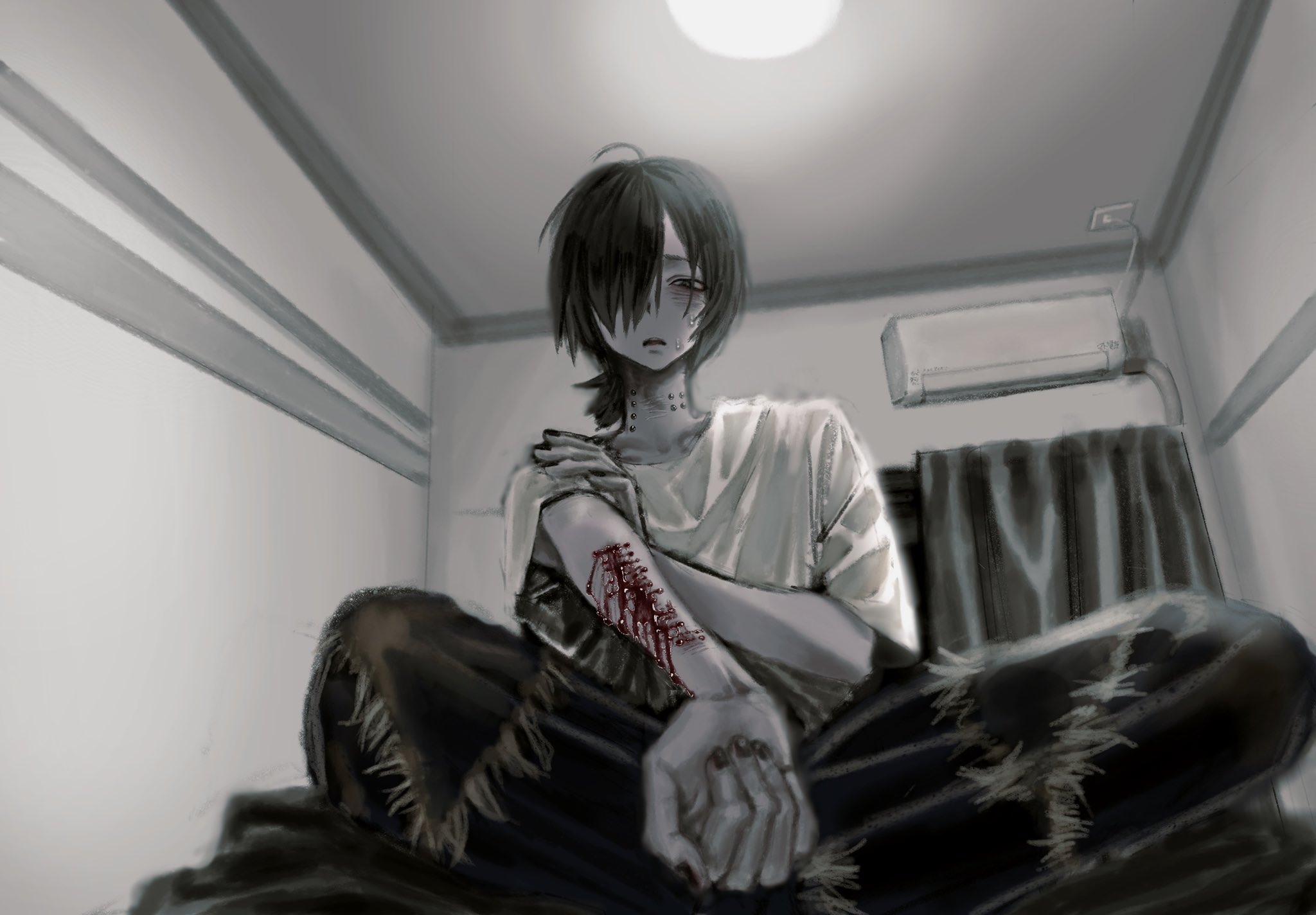 original, commentary request, highres, 1other, blanket, crossed ankles, crying, crying with eyes open, from below, full body, indoors, looking at viewer, low ponytail, mqd0i, neck piercing, other focus, parted lips, ponytail, self-harm, shirt, short hair, sitting, sleeves rolled up, slit throat, solo, t-shirt, tears, white shirt, worried, wrist cutting