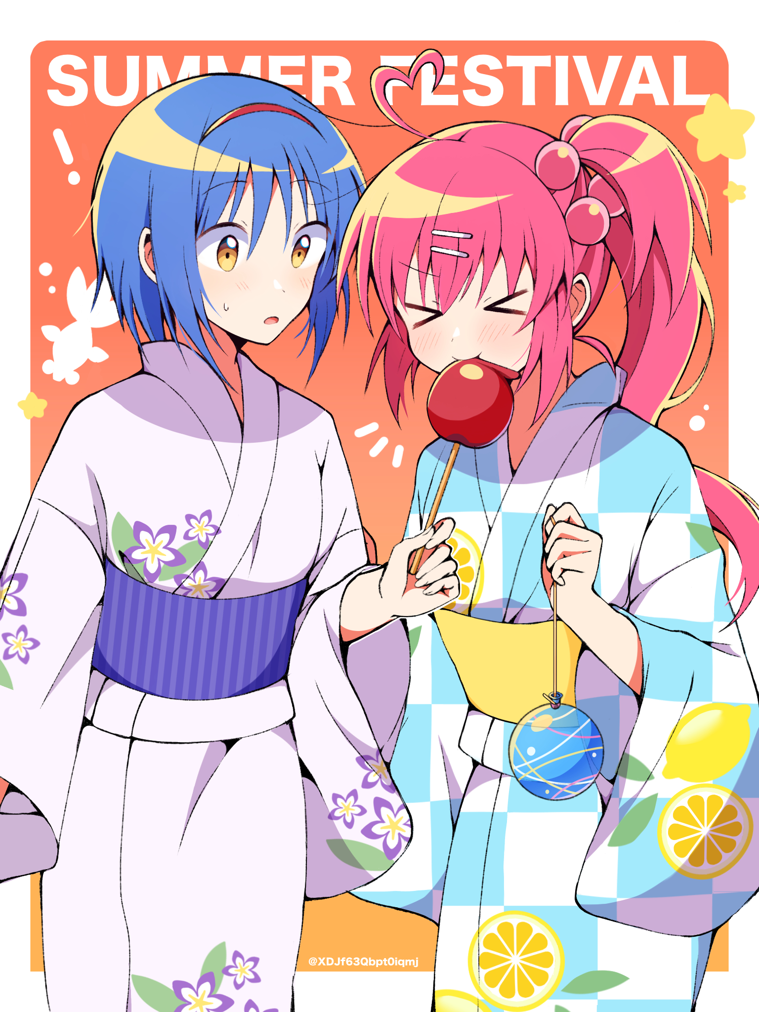 xdjf63qbpt0iqmj, nishizono mio, saigusa haruka, little busters!, commentary request, highres, !, > <, 2girls, ahoge, alternate costume, blue hair, blush, border, candy apple, checkered clothes, checkered kimono, closed mouth, cowboy shot, eating, english text, festival, floral print, floral print kimono, food, food print, fruit print, hair between eyes, hair bobbles, hair ornament, hairband, hairclip, hand up, heart, heart ahoge, holding, holding candy apple, holding food, japanese clothes, kimono, lemon print, long hair, long sleeves, looking at another, multiple girls, notice lines, one side up, orange background, outside border, parallel hairclips, pink hair, print kimono, red hairband, short hair, side ponytail, simple background, smile, surprised, twitter username, water yoyo, white border, white kimono, wide-eyed, wide sleeves, yellow eyes, yukata