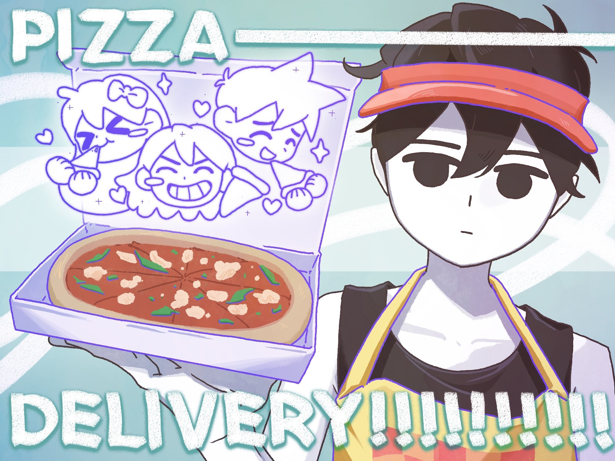 pyoppyop omori, aubrey (headspace) (omori), aubrey (omori), hero (headspace) (omori), hero (omori), kel (headspace) (omori), kel (omori), omori (omori), omori, commentary, english commentary, highres, 1boy, antenna hair, apron, black eyes, black hair, black tank top, box, closed mouth, colored skin, double-parted bangs, english text, expressionless, food, hair between eyes, holding, holding box, looking at viewer, male focus, pizza, pizza box, short hair, solo, tank top, upper body, white skin, yellow apron