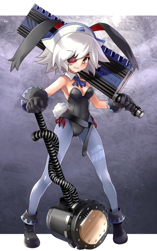 katahira masashi, original, silver hair, 1girl, animal ears, asymmetrical dual wielding, bare shoulders, blue pantyhose, breasts, detached collar, dual wielding, eyepatch, fake animal ears, female focus, full body, gloves, hammer, hat, holding, over shoulder, pantyhose, playboy bunny, product placement, rabbit ears, short hair, solo, sword, weapon, yellow eyes