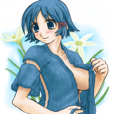 blue (ao maru), fushimi yukari, routes, lowres, 1girl, blue eyes, blue hair, breasts, female focus, flower, japanese clothes, large breasts, matching hair/eyes, no bra, oekaki, open clothes, open shirt, shirt, short hair, solo