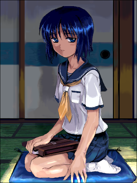 mutsuki (moonknives), kashiwagi kaede, kizuato, leaf (company), 1girl, bag, blouse, blue eyes, blue hair, blue sailor collar, bob cut, breast pocket, briefcase, female focus, full body, fusuma, indoors, matching hair/eyes, neckerchief, oekaki, pocket, sad, sailor collar, school bag, school briefcase, school uniform, seiza, serafuku, shirt, short hair, sitting, sliding doors, socks, solo, tatami, white shirt, white socks, yellow neckerchief
