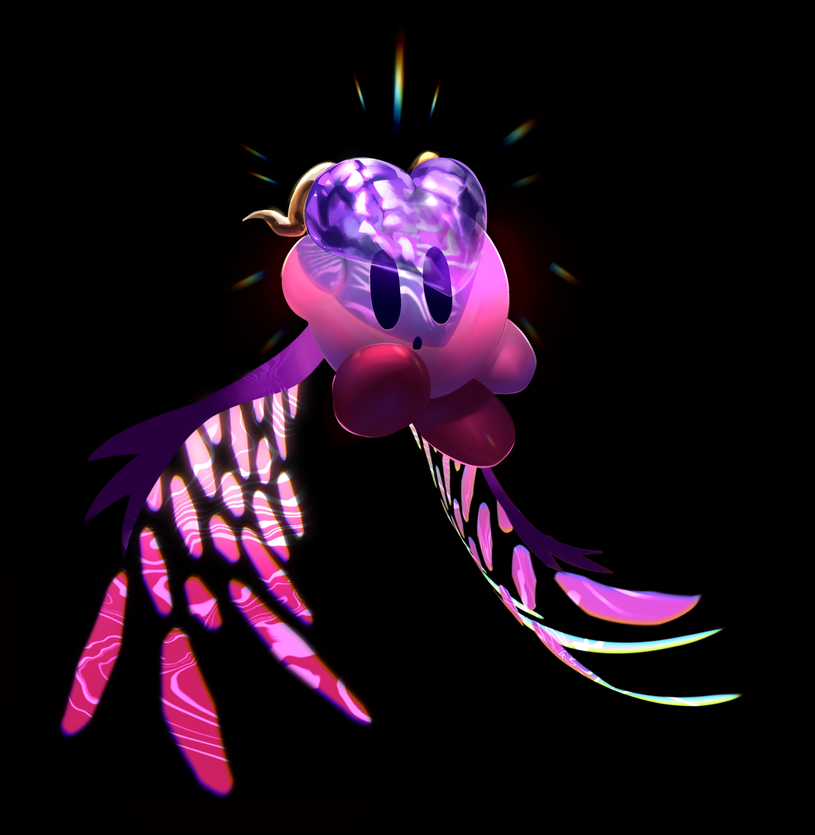 pasteldraqon, kirby, void termina, void termina (angel form), kirby (series), kirby star allies, nintendo, absurdres, commentary, english commentary, highres, black background, colored skin, heart, hollow eyes, horns, looking at viewer, no humans, pink skin, simple background, solo, wings