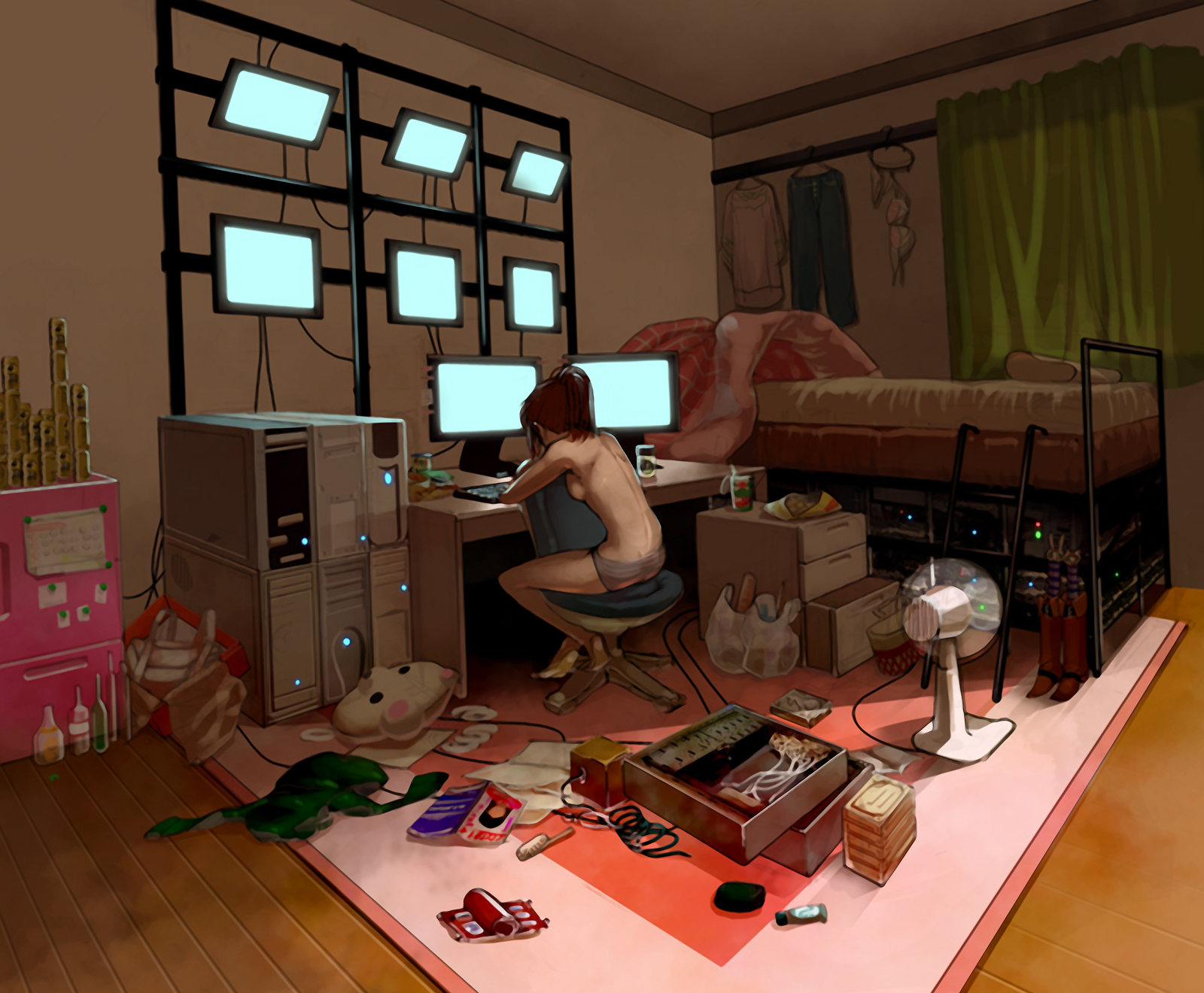 sakamoto kengo, original, highres, resized, upscaled, 1girl, back, bag, barefoot, bedroom, bottle, computer, computer keyboard, electric fan, feet, female focus, food, fujoshi, messy room, otaku room, panties, room, shopping bag, soles, solo, topless female, underwear, underwear only