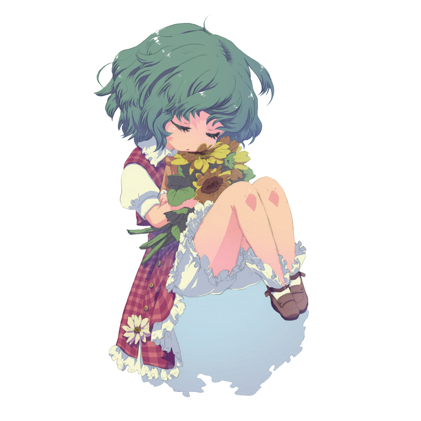 oto, kazami yuuka, touhou, highres, 1girl, aged down, ascot, black background, bloomers, child, closed eyes, dress, dress flower, eyelashes, female focus, fetal position, flower, full body, green hair, holding, holding flower, legs together, plaid clothes, plaid dress, plaid skirt, plaid vest, plantar flexion, short hair, skirt, skirt set, solo, sunflower, transparent background, underwear, vest, wavy hair