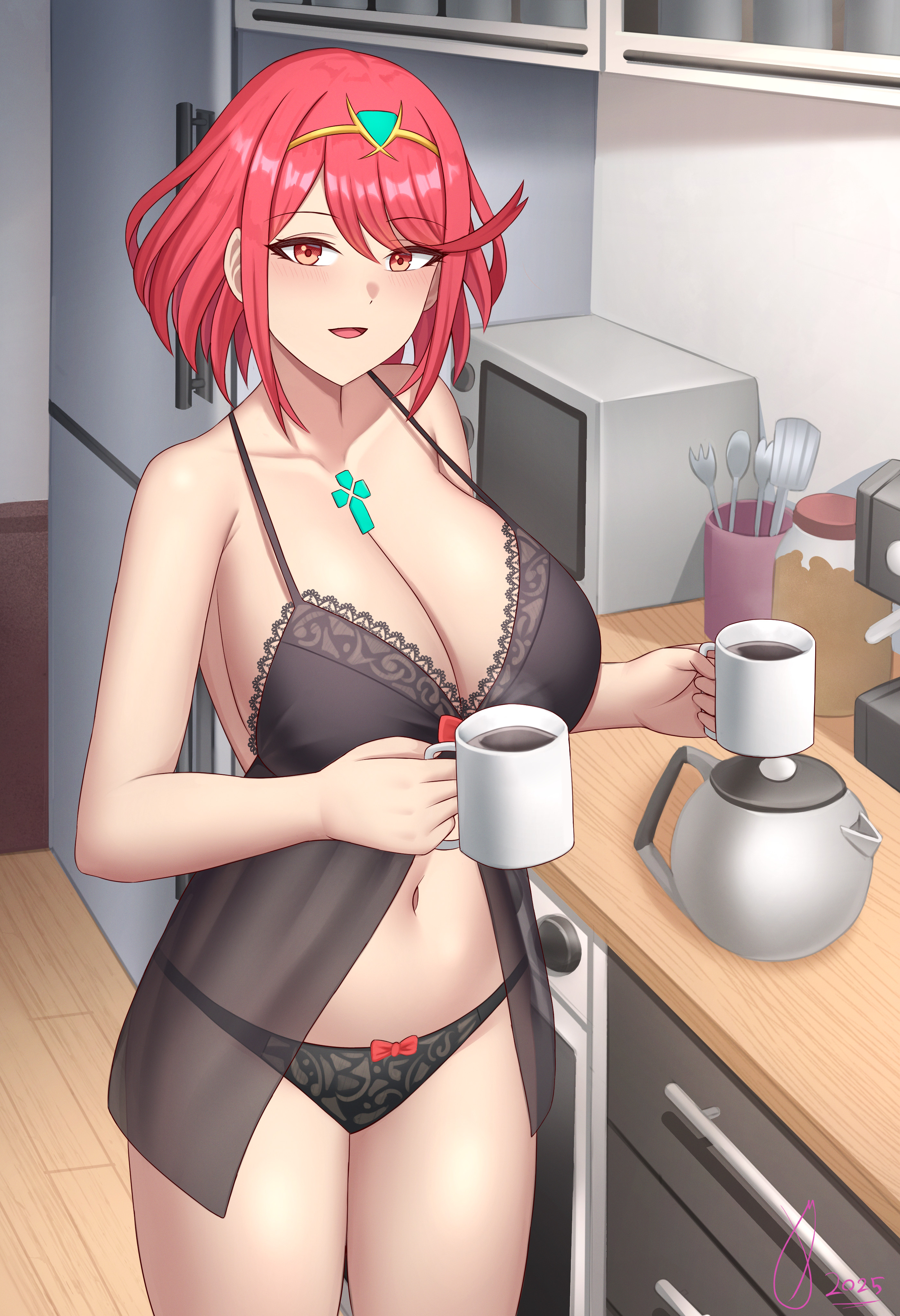 ghonky, pyra (xenoblade), xenoblade chronicles (series), xenoblade chronicles 2, absurdres, commentary, english commentary, highres, 1girl, babydoll, bare shoulders, black babydoll, black panties, blush, breasts, cleavage, coffee, collarbone, cup, holding, holding cup, kitchen, lace, lace panties, large breasts, panties, red eyes, red hair, refrigerator, see-through babydoll, see-through clothes, short hair, smile, solo, spaghetti strap, standing, tiara, underwear