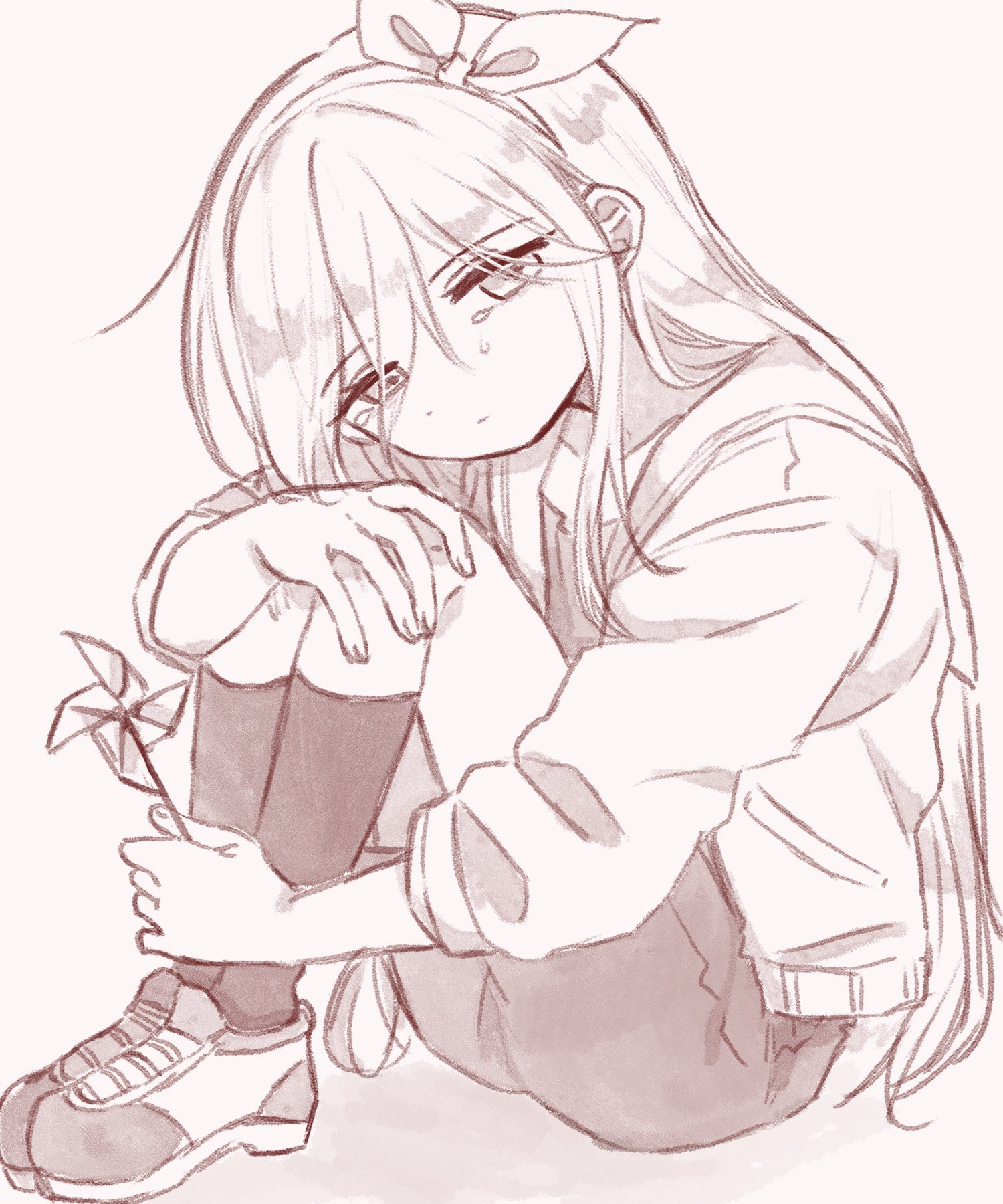 aubrey (faraway) (omori), aubrey (omori), omori, commentary request, highres, 1girl, closed mouth, collarbone, denim, denim skirt, double-parted bangs, full body, greyscale, hair between eyes, hairband, holding, holding pinwheel, jacket, kneehighs, knees up, long hair, long sleeves, looking at viewer, mimi utlove, monochrome, open clothes, open jacket, pinwheel, shoes, sitting, skirt, sneakers, socks, solo