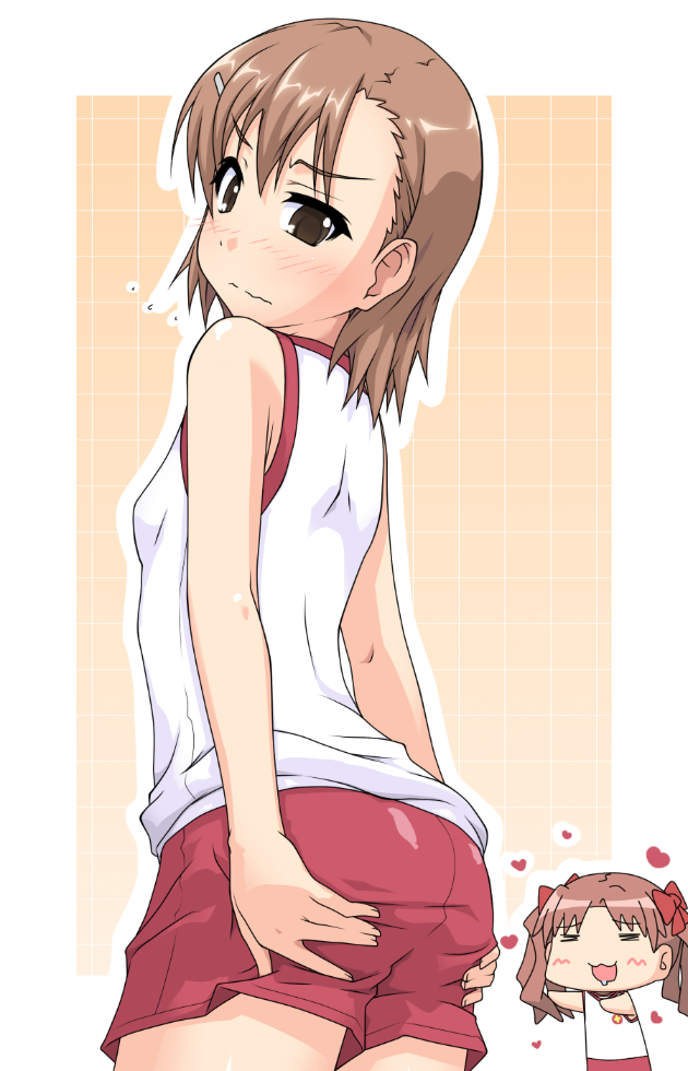 k10k, misaka mikoto, shirai kuroko, toaru kagaku no railgun, toaru majutsu no index, 00s, 2009, 2girls, ass, ass support, asymmetrical hair, bare shoulders, blush, bow, breasts, brown eyes, brown hair, chibi, embarrassed, from below, gym uniform, hair bow, hair ornament, hairclip, heart, looking back, looking down, matching hair/eyes, medium hair, multiple girls, orange background, red bow, red shorts, shirt, short hair, shorts, simple background, small breasts, standing, tokiwadai school gym uniform, twintails, two-tone background, white background, white shirt