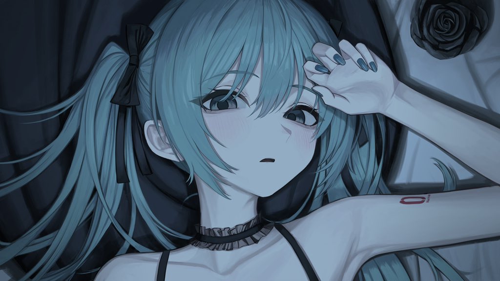 sakiika0513, hatsune miku, vocaloid, commentary, 1girl, aqua hair, aqua nails, arm up, black bow, black flower, black rose, bow, collarbone, flower, hair bow, looking at viewer, nail polish, number tattoo, parted lips, rose, shoulder tattoo, solo, tattoo, twintails, upper body