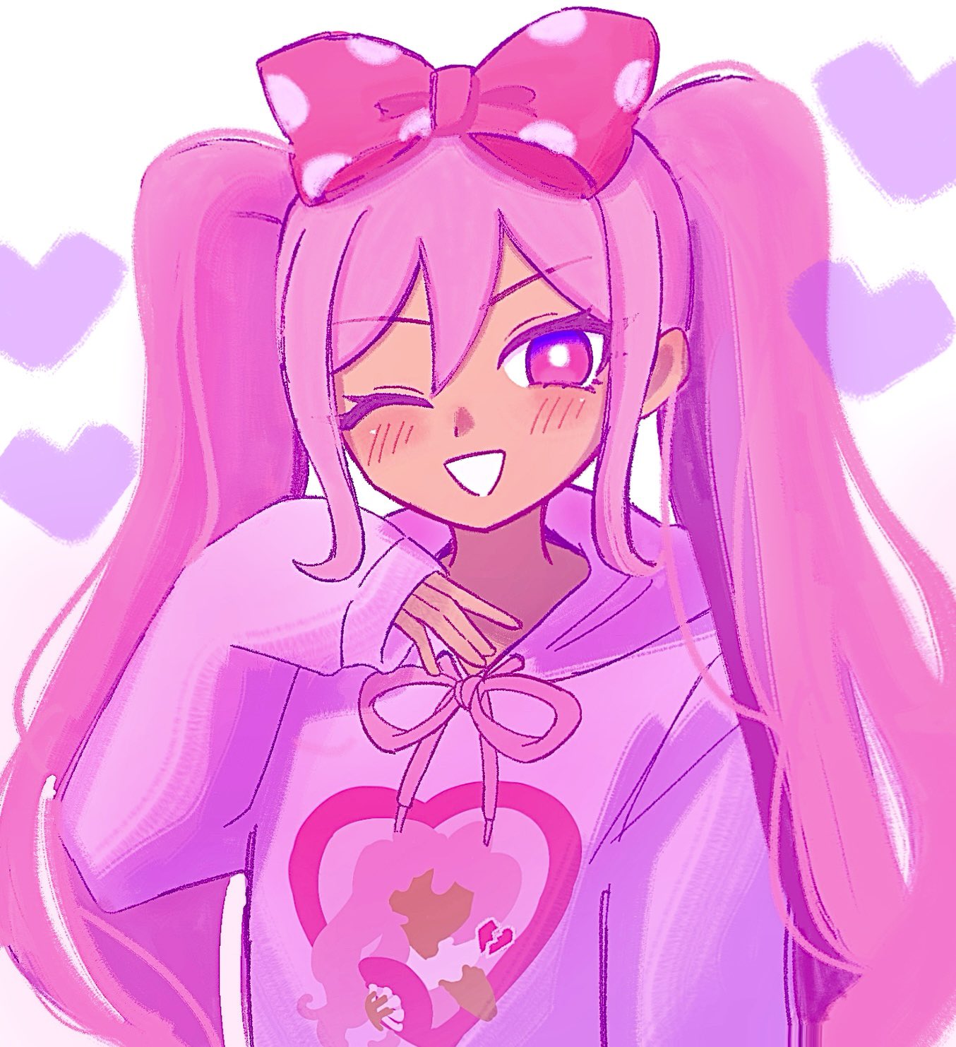 yu kuli, sweetheart (omori), omori, commentary request, highres, 1girl, alternate costume, blush, bow, bright pupils, dark-skinned female, dark skin, hair bow, hood, hood down, hoodie, long hair, long sleeves, looking at viewer, one eye closed, open mouth, pink bow, pink eyes, pink hair, pink hoodie, polka dot, polka dot bow, sidelocks, sleeves past wrists, smile, solo, twintails, upper body, white pupils