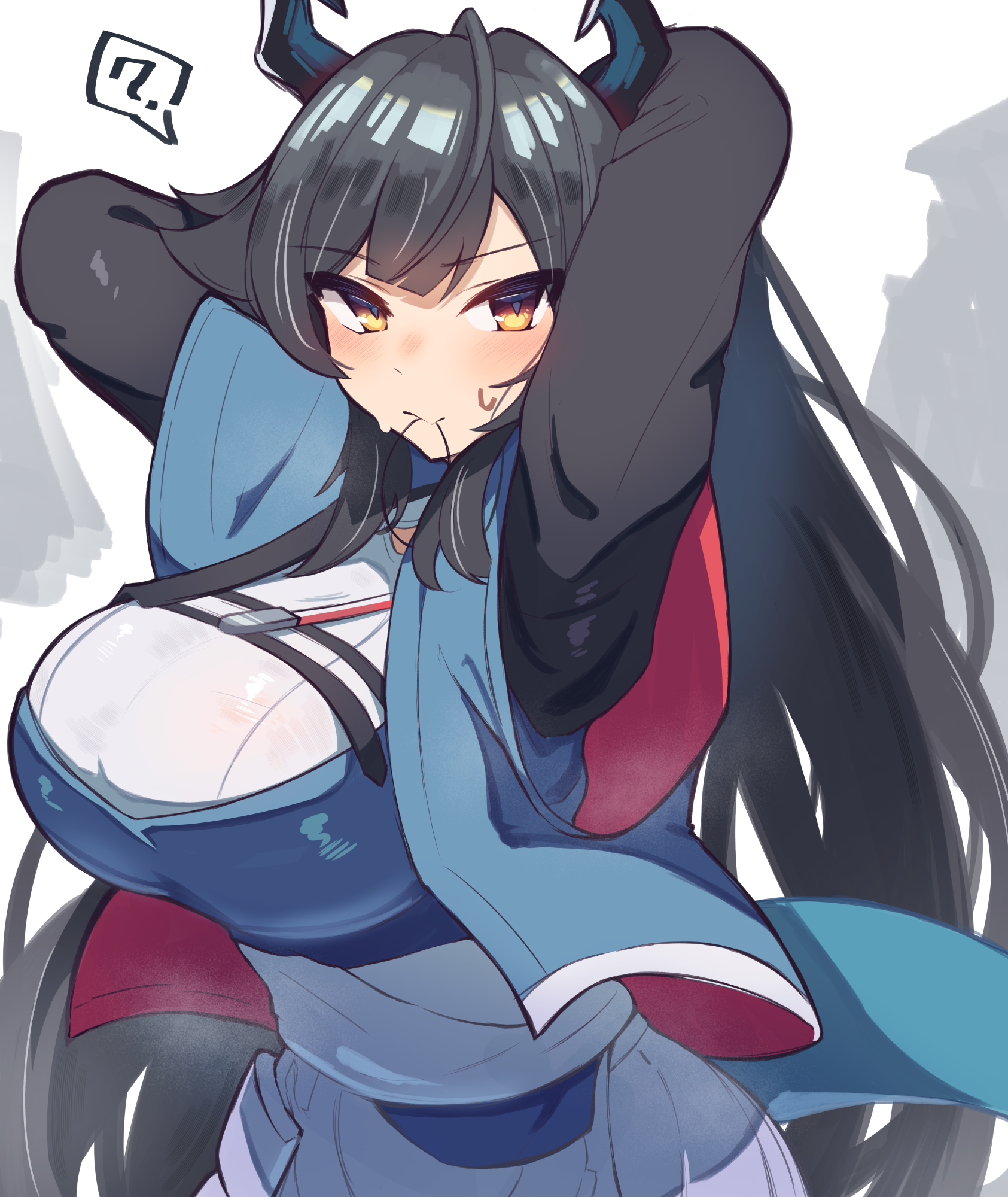 vinsycal, chen qianyu (arknights), arknights, arknights: endfield, commentary, english commentary, highres, 1girl, ?, adjusting hair, alternate breast size (larger), arms behind head, arms up, blue horns, blue jacket, blue tail, blush, breasts, closed mouth, cowboy shot, cropped jacket, dragon girl, dragon horns, dragon tail, dress, eastern dragon horns, eastern dragon tail, hair tie in mouth, horns, huge breasts, jacket, long hair, long sleeves, looking at viewer, mouth hold, open clothes, open jacket, solo, spoken question mark, tail, twintails