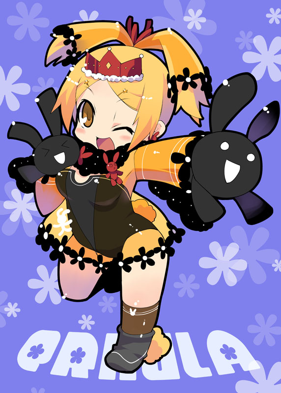 zankuro, ernula, senkou no ronde, 1girl, antenna hair, blonde hair, blue background, chibi, crown, female focus, one eye closed, parted bangs, see-through clothes, solo, wink, yellow eyes