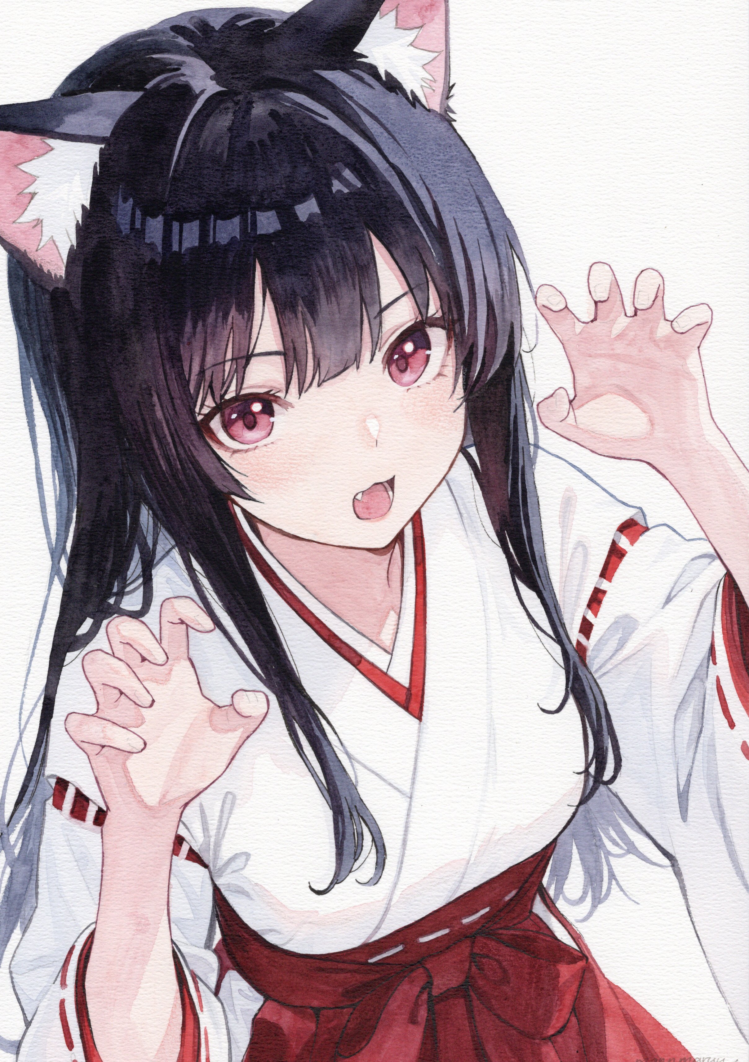 mannmaruu, original, absurdres, commentary, highres, painting (medium), traditional media, watercolor (medium), 1girl, animal ear fluff, animal ears, black hair, breasts, cat, cat ears, claw pose, cowboy shot, fang, hakama, japanese clothes, looking at viewer, medium breasts, miko, open mouth, pink eyes, red hakama, solo, swept bangs, white background, white kosode