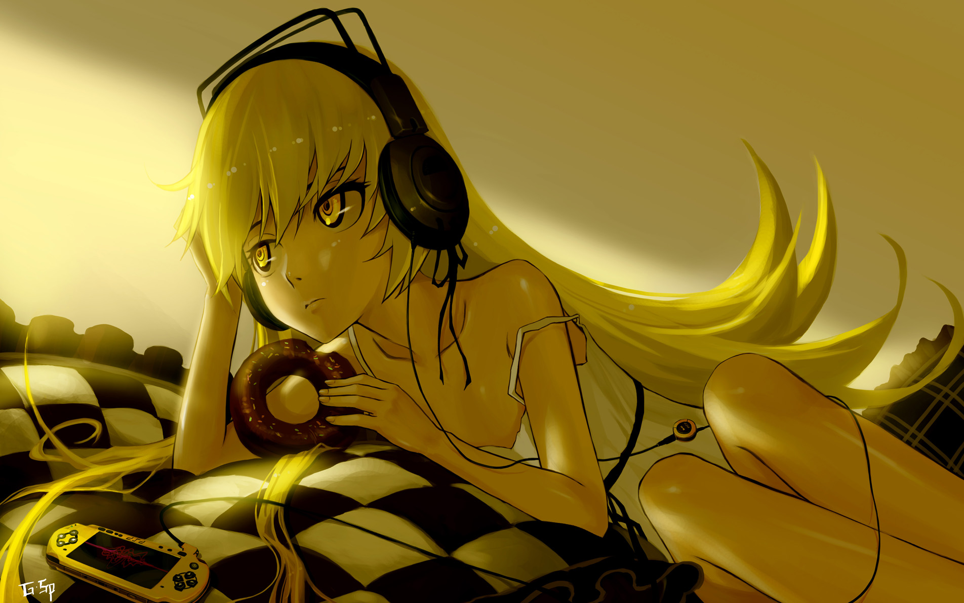 as109, oshino shinobu, bakemonogatari, monogatari (series), bad id, bad pixiv id, highres, 00s, 1girl, arm support, bad anatomy, bad leg, bare shoulders, camisole, donut, female focus, flat chest, food, handheld game console, headphones, legs, long hair, lying, on side, pillow, playstation portable, sleeveless, solo, strap slip