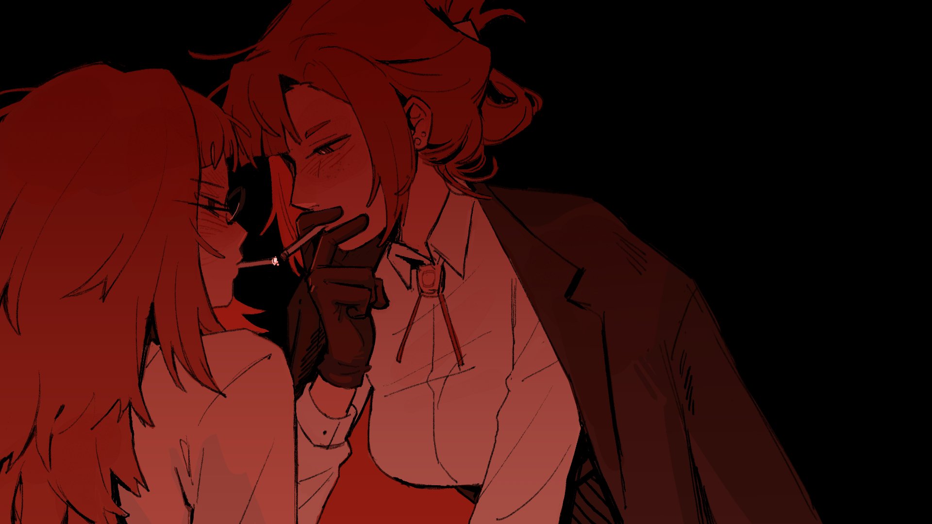 painstarrr, hashtag-only commentary, highres, 2girls, black background, black eyes, black gloves, blazer, brown eyes, brown hair, brown jacket, cigarette, cigarette kiss, collared shirt, corset, emma rockford, evangeline morgan, glasses, gloves, holding, holding cigarette, jacket, jacket on shoulders, lapels, limited palette, long sleeves, looking at another, multiple girls, of the devil, red hair, red theme, round eyewear, shirt, smoking, upper body, white shirt, yuri