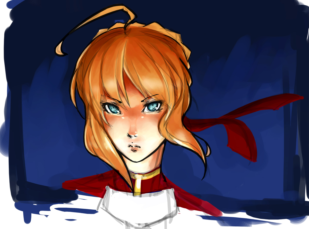 eu03, nero claudius (fate), nero claudius (fate/extra), fate/extra, fate/stay night, fate (series), 00s, 10s, 1girl, ahoge, blonde hair, blue eyes, female focus, hair ribbon, portrait, ribbon, sketch, solo, upper body