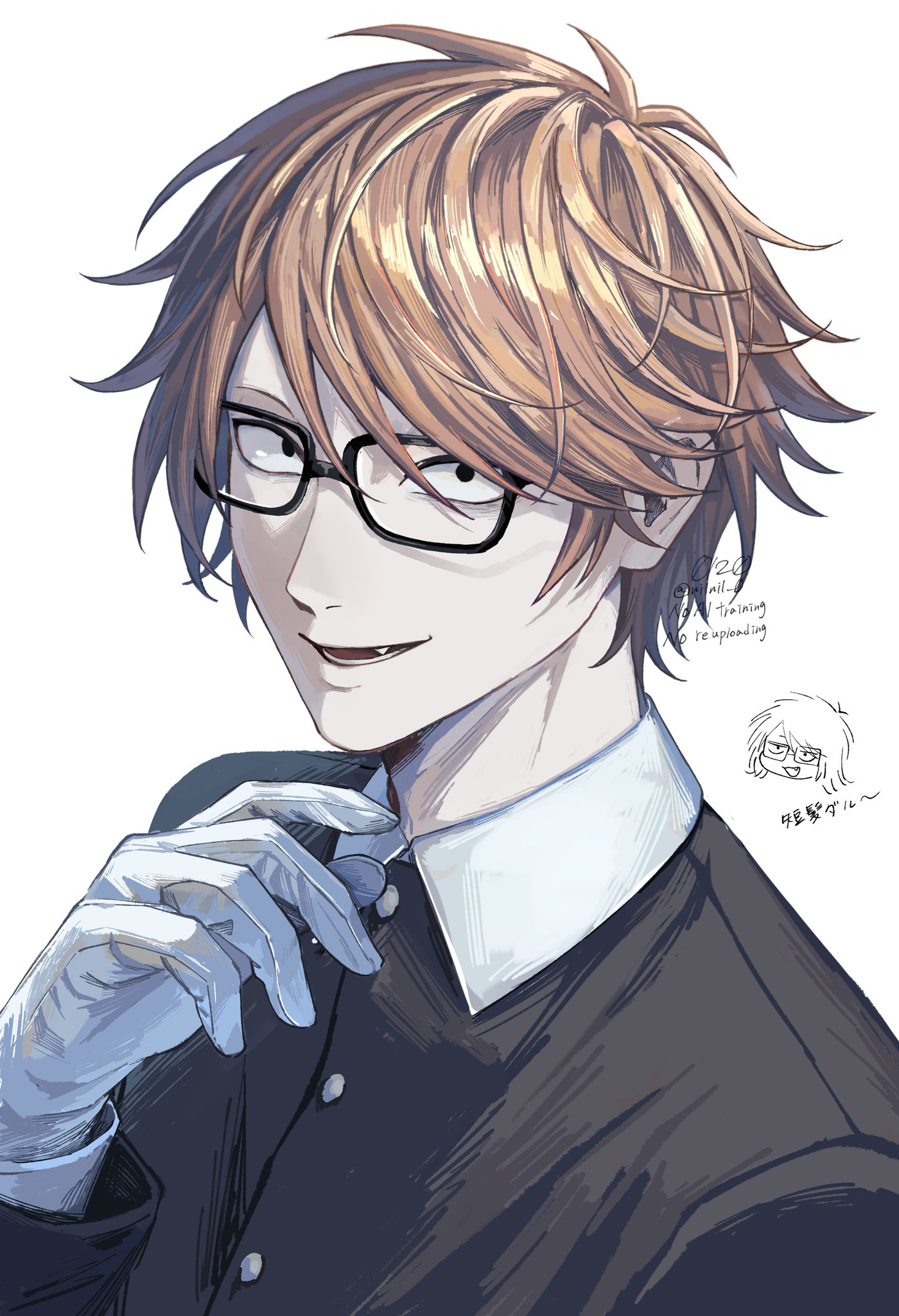 nil (pixiv 53614557), randal ivory, randal's friends, commentary request, highres, translation request, 1boy, alternate hair length, alternate hairstyle, black-framed eyewear, brown hair, chibi, collared shirt, fang, gakuran, glasses, gloves, male focus, open mouth, rectangular eyewear, school uniform, shirt, short hair, simple background, solo, teeth, twitter username, white background, white gloves