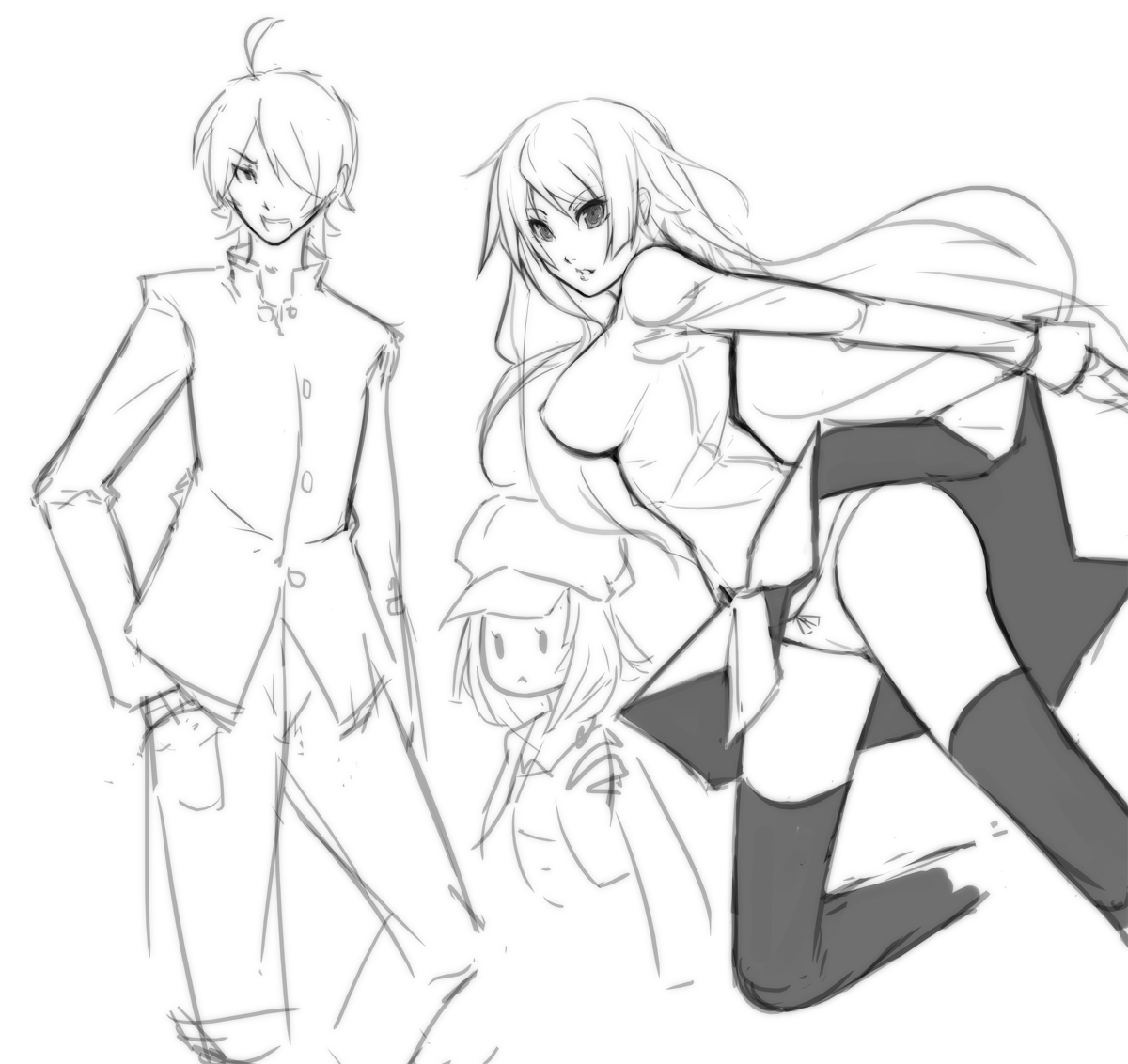 eu03, araragi koyomi, sengoku nadeko, senjougahara hitagi, bakemonogatari, monogatari (series), 00s, 1boy, 2girls, greyscale, monochrome, multiple girls, panties, pantyshot, school uniform, sketch, thighhighs, underwear