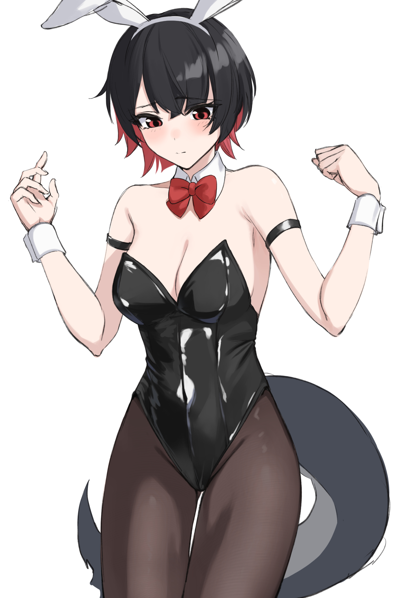 unoimy, ellen joe, zenless zone zero, commentary request, highres, 1girl, animal ear hairband, animal ears, black hair, black leotard, black pantyhose, blush, bow, bowtie, breasts, colored inner hair, detached collar, fake animal ears, fins, fish tail, hairband, leotard, multicolored hair, pantyhose, playboy bunny, rabbit ear hairband, rabbit ears, red bow, red bowtie, red eyes, shark girl, shark tail, strapless, strapless leotard, tail, white wrist cuffs, wrist cuffs