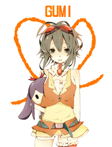 applexxx, naniiro, gumi, kamui gakupo, vocaloid, lowres, 1boy, cameo, character doll, doll, goggles, goggles on head, green eyes, green hair, headphones, headset, male focus, matching hair/eyes, midriff, short hair, skirt, solo, toy