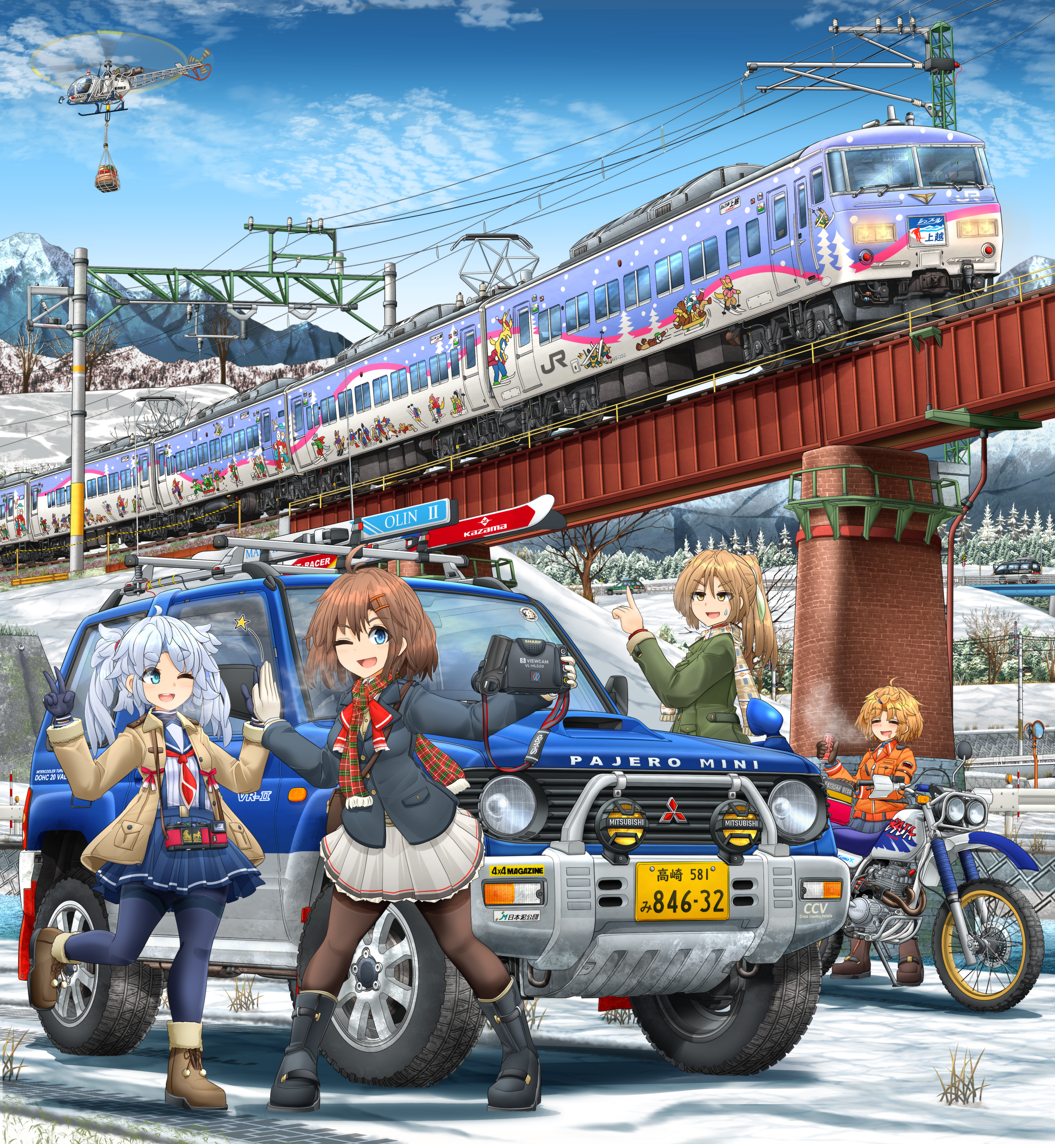 mikeran (mikelan), original, absurdres, commentary request, highres, partial commentary, 4girls, aircraft, black boots, black gloves, black jacket, black pantyhose, blazer, blonde hair, blue eyes, blue pantyhose, blue sailor collar, blue skirt, blue sky, boots, bow, bowtie, breath, bridge, brown boots, brown hair, brown jacket, camera, can, car, closed eyes, cloud, coat, day, fringe trim, gloves, green jacket, grey hair, hair ornament, hairclip, helicopter, high five, holding, holding camera, holding can, jacket, leg up, long hair, medium hair, mini person, minigirl, miniskirt, motor vehicle, motorcycle, mountainous horizon, multiple girls, neckerchief, one eye closed, open mouth, orange coat, outdoors, pantyhose, plaid clothes, plaid scarf, pleated skirt, pointing, pointing up, ponytail, red bow, red bowtie, red neckerchief, sailor collar, saliva, scarf, school uniform, selfie, short hair, skirt, sky, smile, standing, standing on one leg, suspender skirt, suspenders, sweatdrop, train, v, video camera, white gloves, white skirt, winter, winter clothes