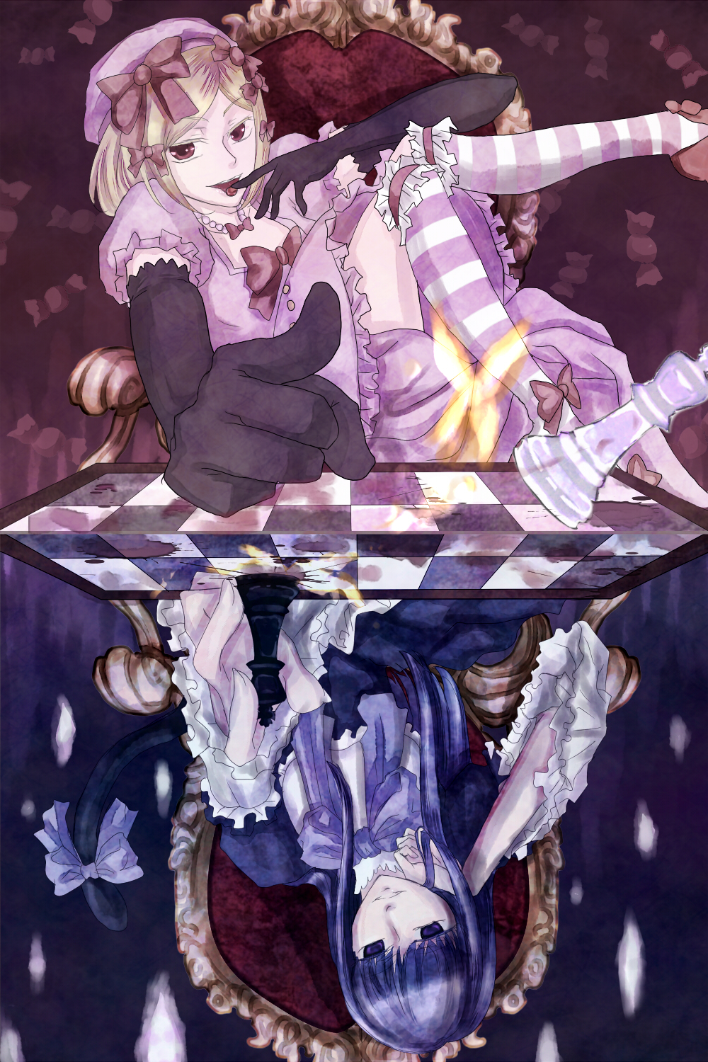 frederica bernkastel, lambdadelta, umineko no naku koro ni, bad id, bad pixiv id, highres, 00s, beret, blonde hair, blue hair, board game, cat tail, chess, dress, elbow gloves, empty eyes, frills, gloves, hat, long hair, pink dress, purple eyes, ribbon, short hair, tail