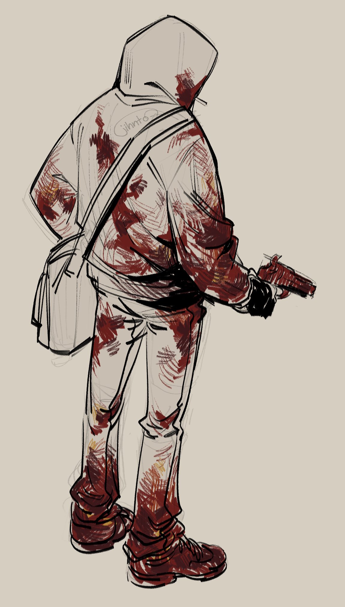 simon henriksson, cry of fear, commentary, english commentary, highres, 1boy, bag, black gloves, blood, blood on clothes, blood stain, from behind, full body, gloves, gun, hand in pocket, handgun, holding, holding gun, holding weapon, hood, hood up, hoodie, jinmightcry, male focus, shoulder bag, solo, standing, weapon