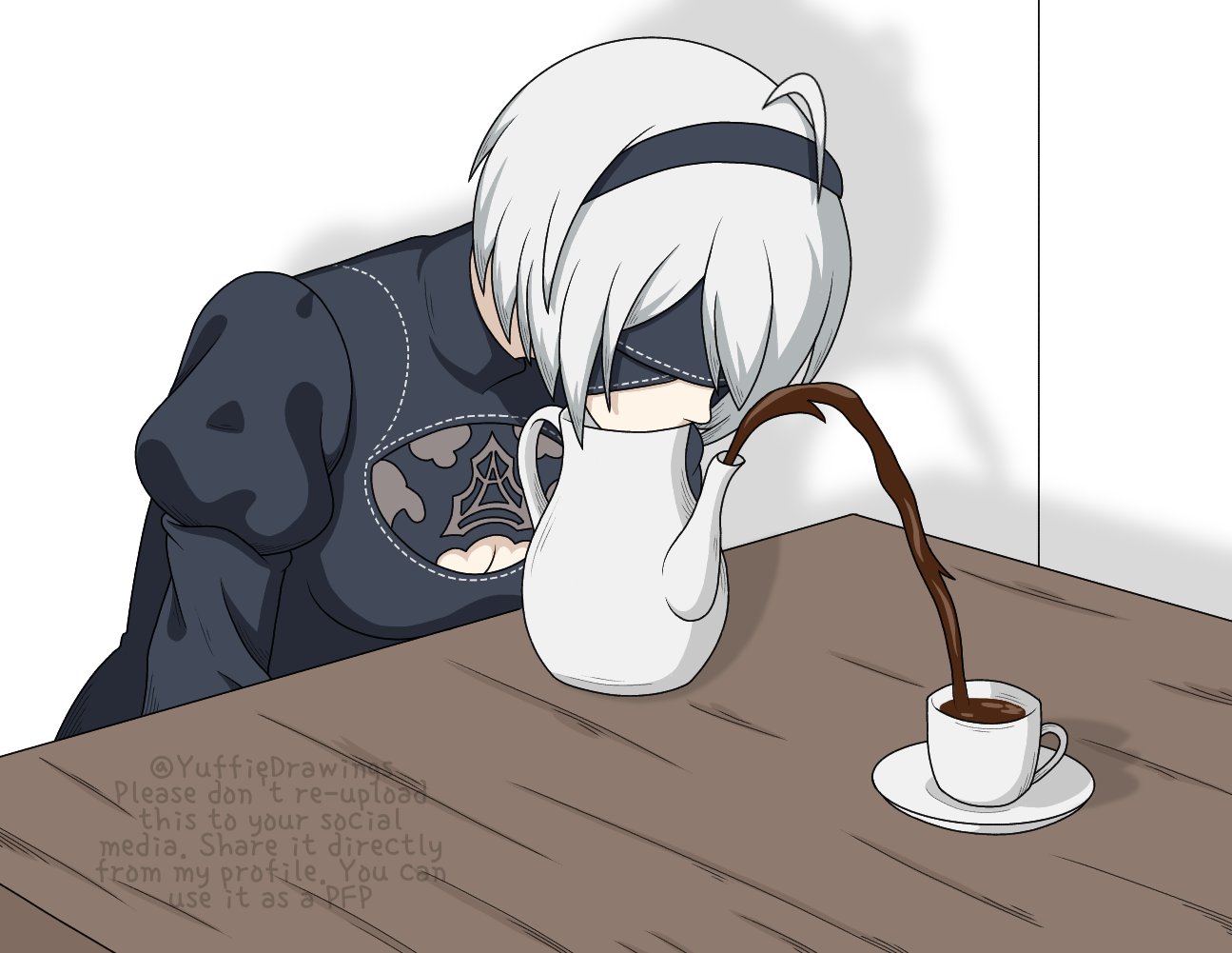 yuffie drawings, 2b (nier:automata), nier:automata, nier (series), commentary, english commentary, 1girl, ahoge, artist name, black dress, black hairband, blindfold, breasts, cleavage, cleavage cutout, clothing cutout, cup, dress, hairband, juliet sleeves, long sleeves, mundane made awesome, pouring, puffy sleeves, short hair, solo, table, tea, teacup, teapot, watermark, white hair, wooden table