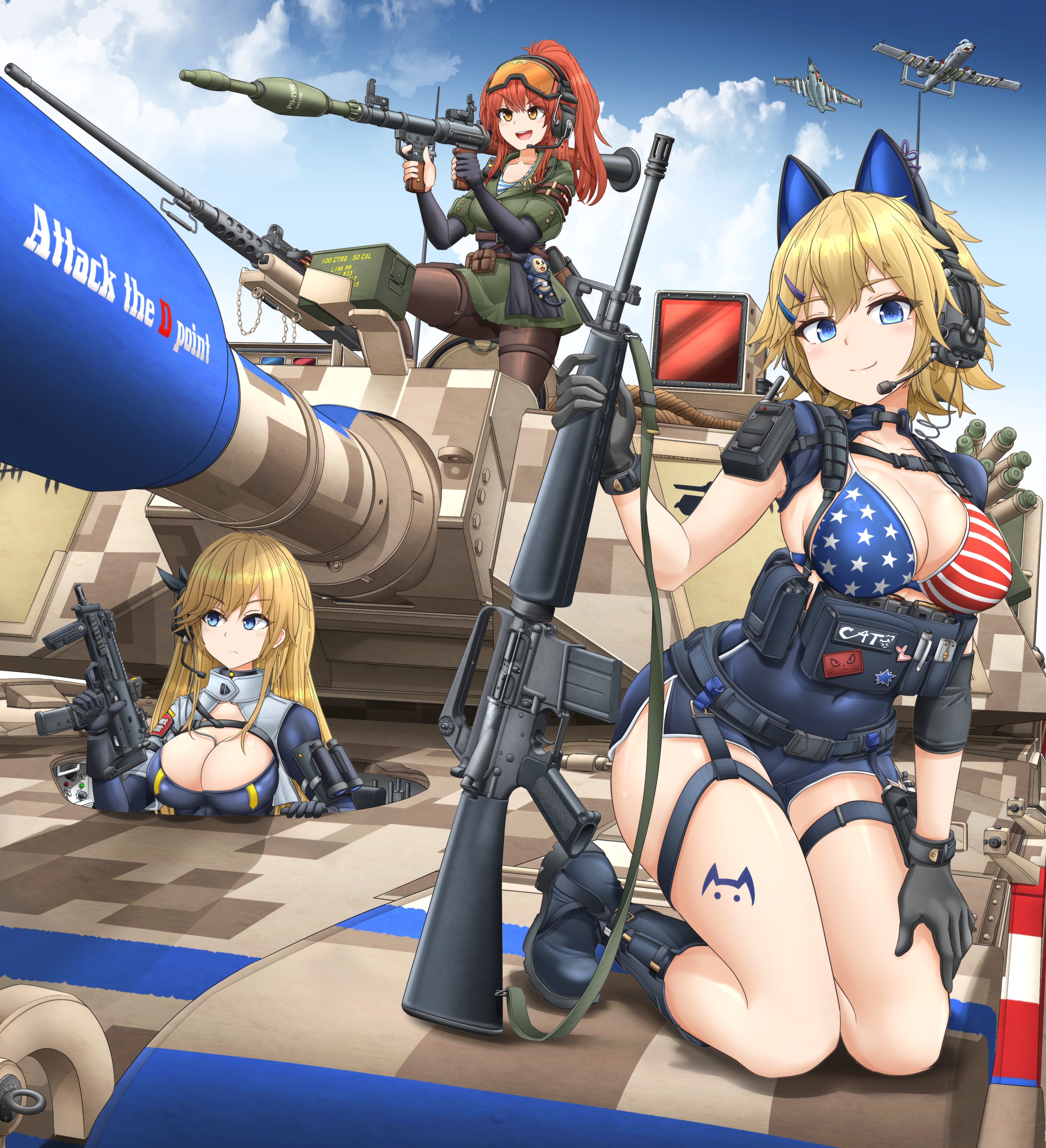 mikeran (mikelan), m1 abrams, war thunder, absurdres, commentary, commentary request, english commentary, highres, mixed-language commentary, 3girls, a-10 thunderbolt ii, aircraft, american flag, american flag bikini, american flag print, ammunition box, animal ear headphones, animal ears, army, assault rifle, attack the d point (meme), bikini, black boots, black gloves, black pantyhose, blonde hair, blue eyes, blue sky, boots, breasts, browning m2, camouflage, cat ear headphones, cat ears, chest rig, cloud, cloudy sky, digital camouflage, drone, elbow gloves, elsa (senrai maidens), fake animal ears, finger on trigger, flag print, flag print bikini, gloves, goggles, goggles on head, gun, gun sling, h&k mp7, headphones, heavy machine gun, holding, holding gun, holding weapon, kate (senrai maidens), large breasts, long hair, m16, m16a1, machine gun, magazine (weapon), maria (senrai maidens), meme, microphone, military uniform, military vehicle, motor vehicle, multiple girls, pantyhose, ponytail, print bikini, radio, red eyes, red hair, rifle, rocket launcher, rpg, rpg-7, rpg (weapon), short hair, sitting, sky, smile, su-25, submachine gun, swimsuit, tank, trigger discipline, weapon