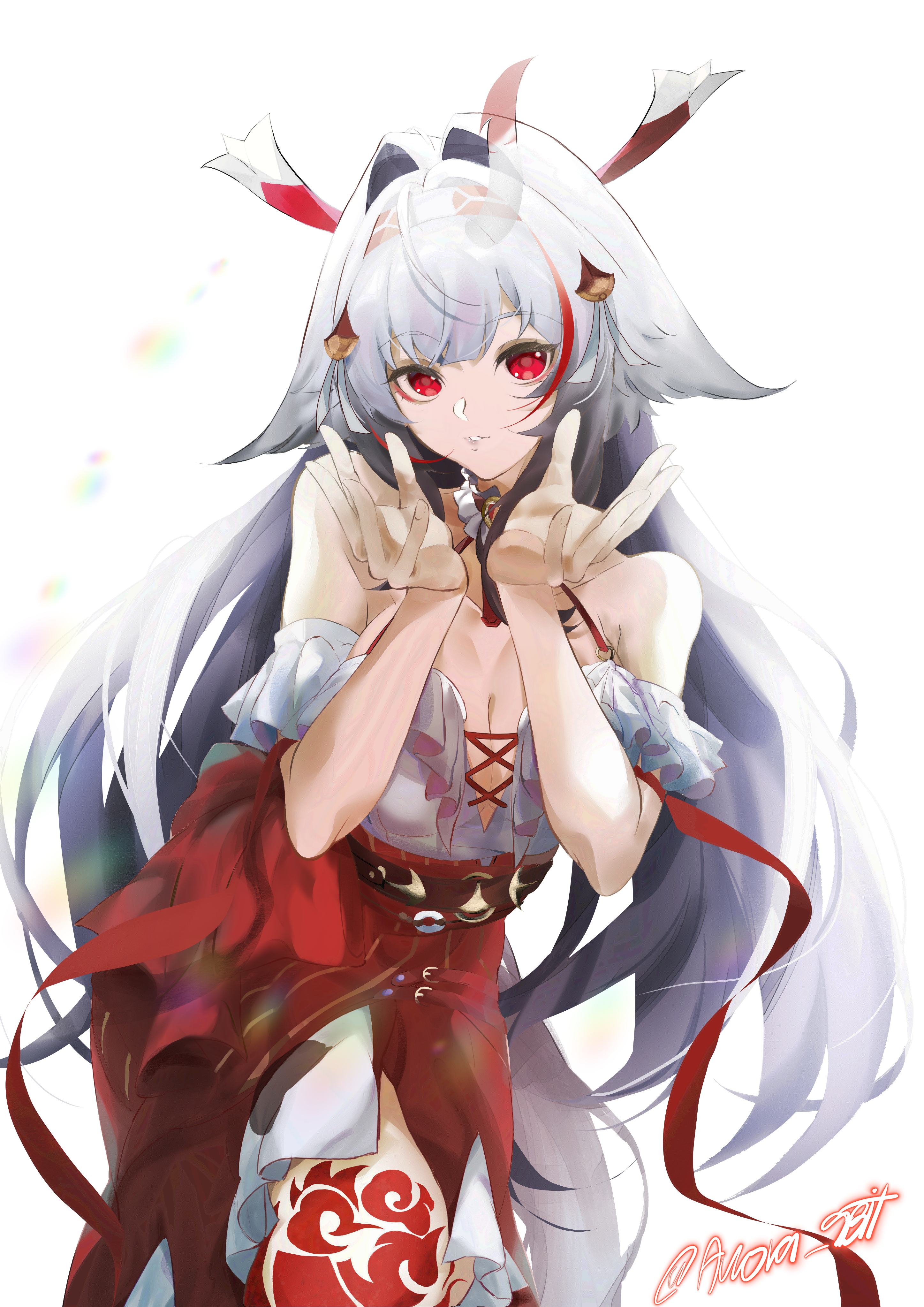 9bit, ye shunguang, ye shunguang (touch of dawnlight), zenless zone zero, absurdres, commentary, english commentary, highres, 1girl, animal ears, armband, bare shoulders, black hair, breasts, cleavage, collar, collarbone, cowboy shot, cross-laced clothes, cross-laced top, droopy ears, frilled armband, frilled collar, frilled shirt, frilled shirt collar, frills, gradient hair, hairband, high-waist skirt, large breasts, leaning forward, leg tattoo, long hair, long skirt, looking at viewer, multicolored hair, multicolored hairband, official alternate costume, parted lips, red eyes, red hair, red hairband, red skirt, shirt, simple background, skirt, solo, tattoo, twitter username, very long hair, white armband, white background, white hair, white hairband, white shirt