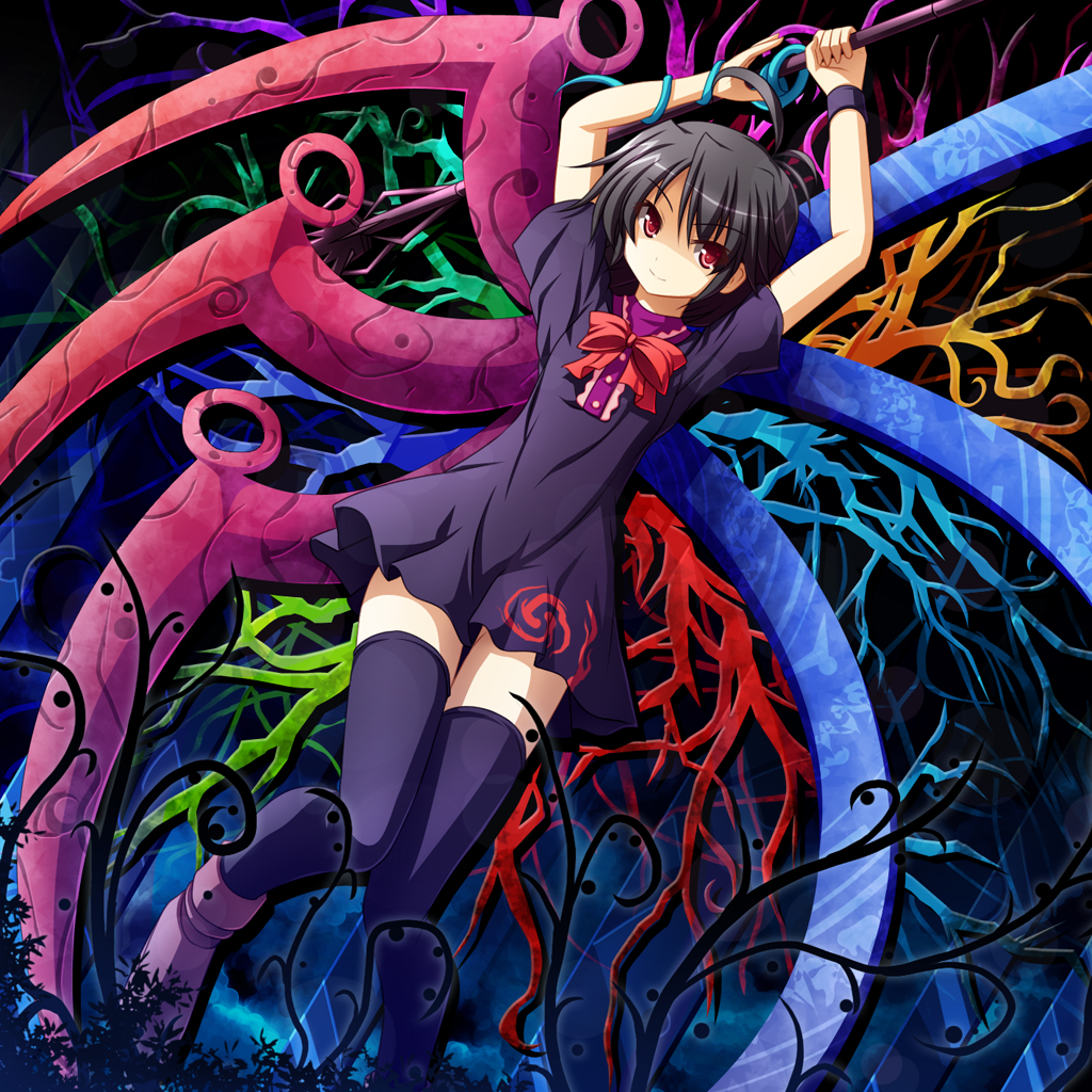 akashio (loli ace), houjuu nue, touhou, 1girl, arms up, black hair, black thighhighs, bow, bowtie, dress, female focus, lying, no panties, polearm, red eyes, ribbon, snake, solo, thigh gap, thighhighs, weapon, wings, zettai ryouiki