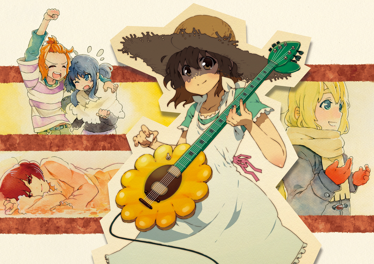 takanashi ringo, akiyama mio, hirasawa yui, kotobuki tsumugi, tainaka ritsu, k-on!, character request, 00s, 4girls, blonde hair, blue eyes, blue hair, brown eyes, brown hair, green eyes, guitar, hat, ho-kago tea time, instrument, multiple girls, red eyes, red hair, straw hat