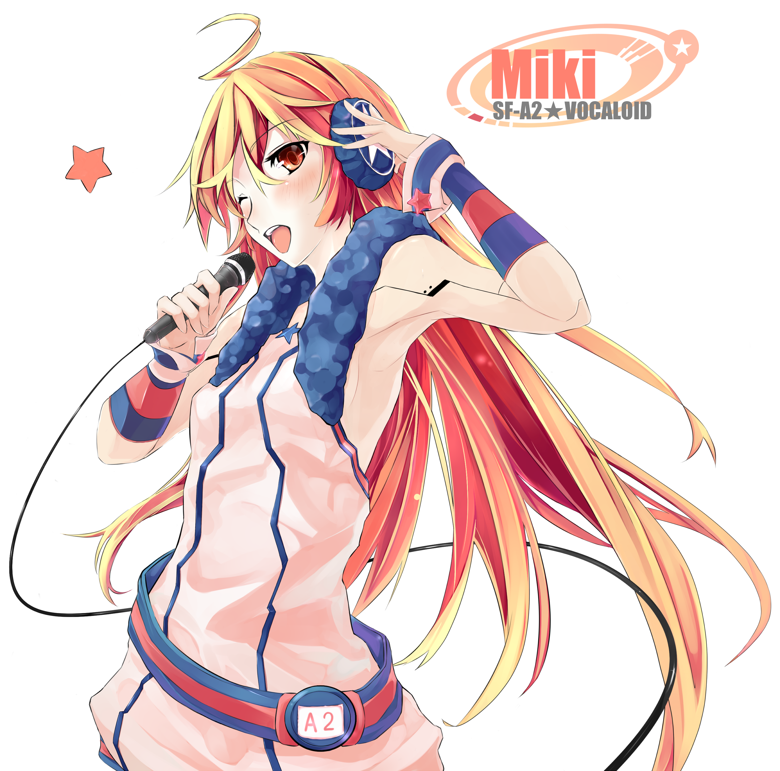 takanashie, sf-a2 miki, vocaloid, absurdres, highres, 1girl, ahoge, android, blush, dress, female focus, gloves, headphones, joints, long hair, microphone, one eye closed, red eyes, red hair, robot joints, smile, solo, striped clothes, striped gloves, transparent background, wink