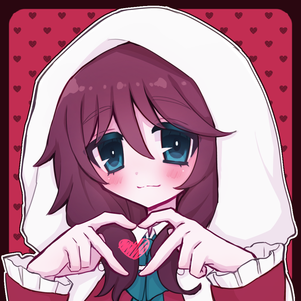 original, commission, second-party source, skeb commission, 1girl, :3, aqua eyes, aqua necktie, blush, borrowed character, bright pupils, cloak, closed mouth, djmmk92, flipped bangs, four-finger heart hands, frilled sleeves, frills, hair between eyes, hair over shoulder, hands up, heart, heart background, heart hands, hood, hood up, hooded cloak, jacket, long hair, long sleeves, looking at viewer, necktie, outline, portrait, red background, red jacket, rounded corners, solo, tareme, white cloak, white outline, white pupils, wing collar