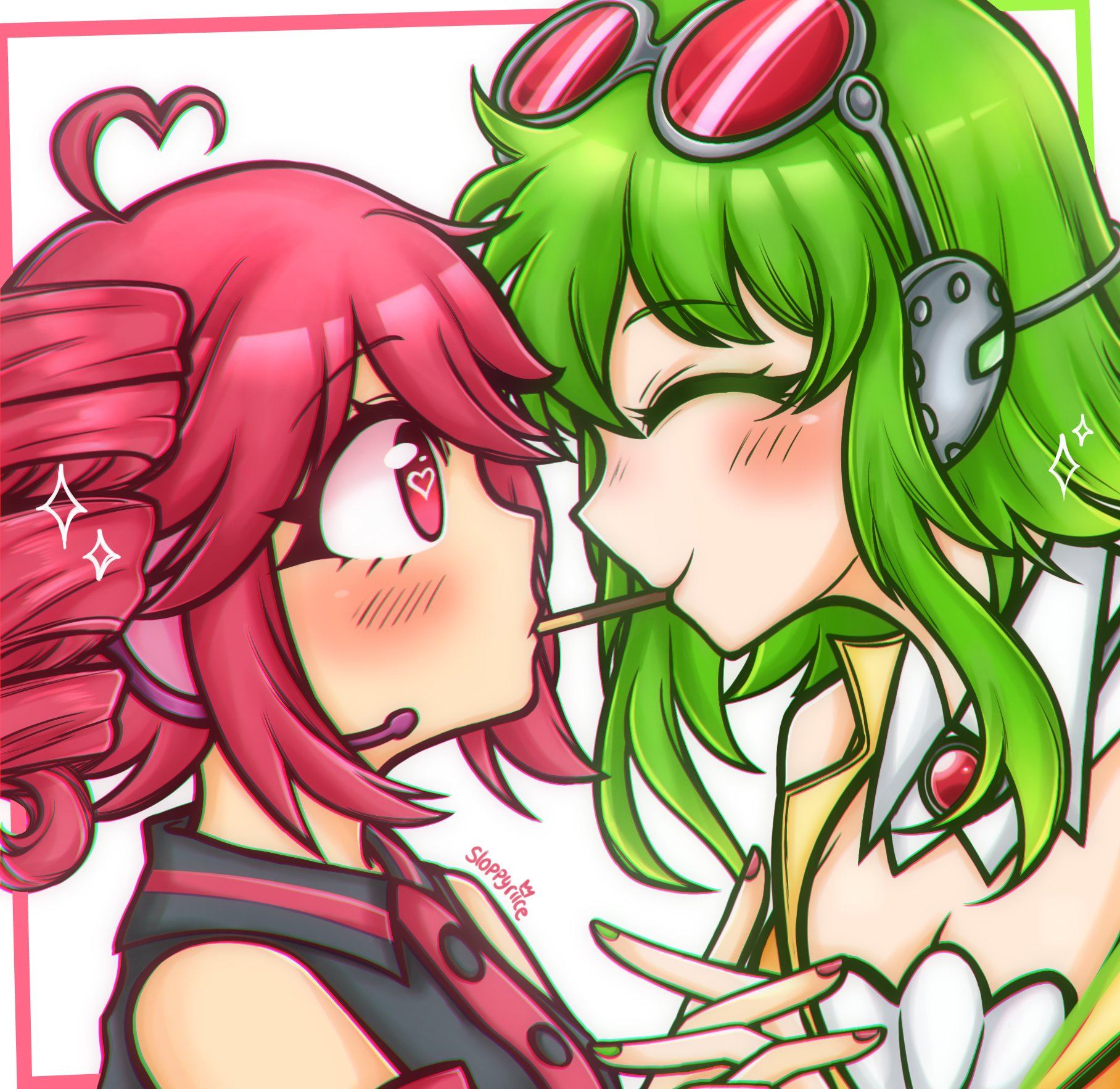gumi, kasane teto, kasane teto (utau), utau, vocaloid, highres, breasts, cleavage, drill hair, food, goggles, goggles on head, green hair, green nails, headset, holding hands, interlocked fingers, messy hair, pocky, pocky kiss, red eyes, red hair, red nails, shared food, sloppyriice, twin drills, yuri