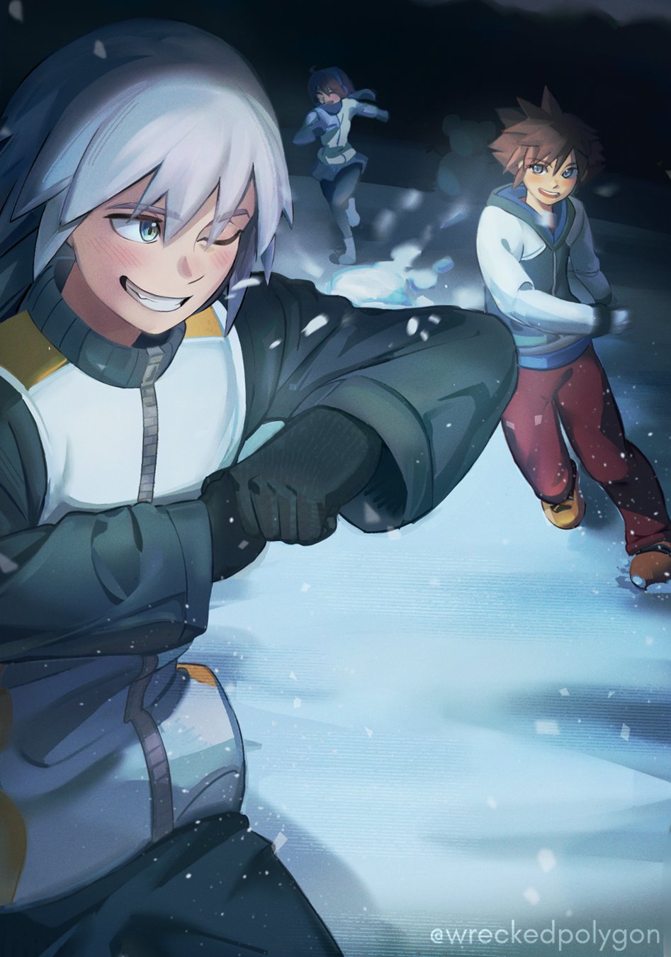 kairi (kingdom hearts), riku (kingdom hearts), sora (kingdom hearts), kingdom hearts, kingdom hearts ii, commentary, english commentary, highres, 1girl, 2boys, black gloves, black pants, black sleeves, blue eyes, boots, earmuffs, gloves, green eyes, grin, hair between eyes, hood, hood down, jacket, long hair, male focus, multiple boys, one eye closed, orange boots, pants, red pants, running, short hair, smile, snow, snow animal, snowball, snowball fight, spiked hair, twitter username, veil, white jacket, white veil, winter clothes, wreckedpolygon