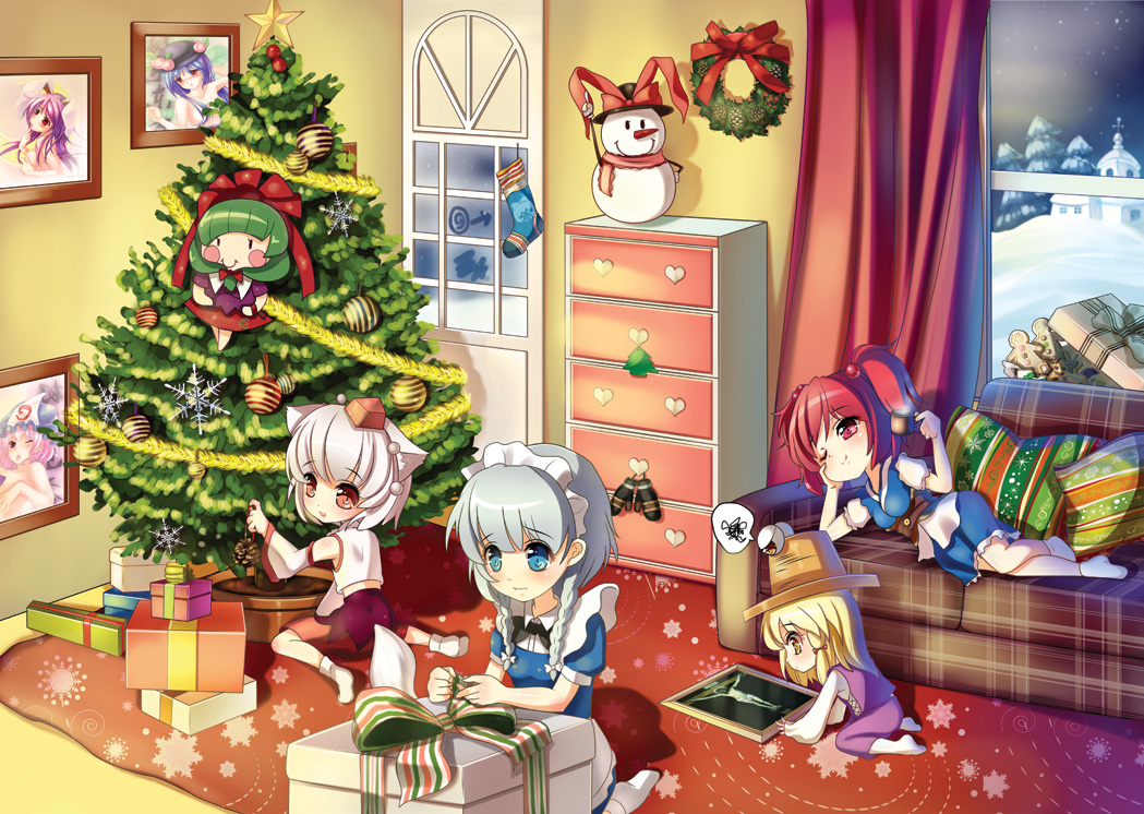 ysrandy, cirno, hinanawi tenshi, inubashiri momiji, izayoi sakuya, jesus, jesus christ, kagiyama hina, moriya suwako, nagae iku, onozuka komachi, pyonta, reisen udongein inaba, saigyouji yuyuko, perfect cherry blossom, saturday night fever, touhou, framed, plaid, silver hair, striped, bad id, 4girls, animal ears, arrow (symbol), belt, blonde hair, blue eyes, blue hair, blush, bow, braid, building, cabinet, christmas, christmas tree, circled 9, cookie, couch, cross, crucifixion, cup, curtains, decorations, detached sleeves, dress, food, frills, fruit, gift, gloves, green hair, hair bobbles, hair bow, hair ornament, hair ribbon, hat, heart, indoors, long hair, long sleeves, lying, maid, maid headdress, multiple girls, night, on side, open mouth, peach, photo (object), picture frame, pillow, pinecone, pink eyes, pink hair, purple hair, rabbit ears, red eyes, red hair, ribbon, rug, scarf, short hair, short sleeves, sitting, skirt, sky, smile, snow, snowflakes, snowman, socks, star (symbol), steam, tail, tokin hat, tree, twin braids, twintails, two side up, wariza, window, wolf ears, wolf tail, wreath, yellow eyes