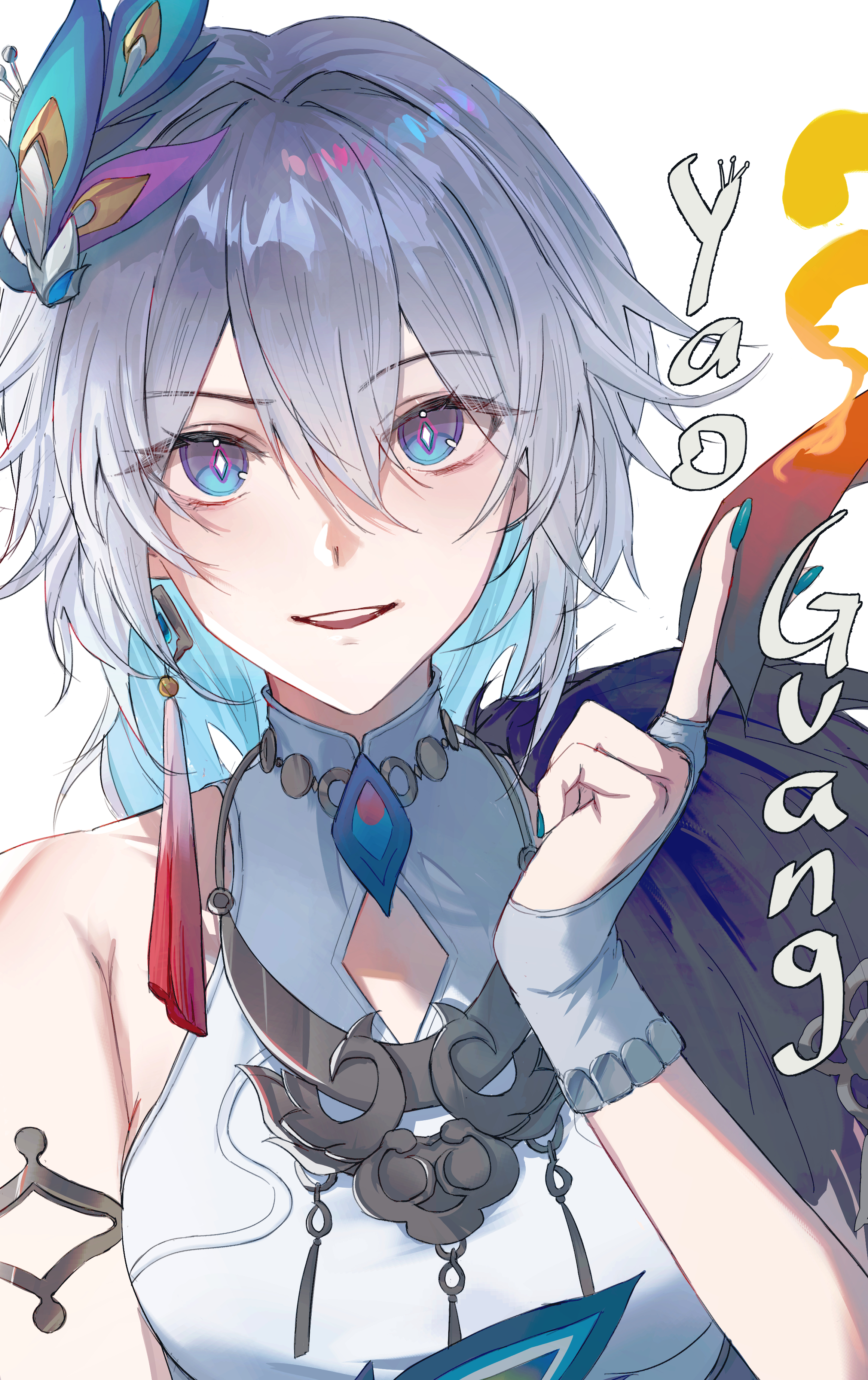 fia xiang, yao guang (honkai: star rail), honkai: star rail, honkai (series), absurdres, commentary, highres, 1girl, :d, aqua nails, blue eyes, blue hair, character name, colored inner hair, fingerless gloves, gloves, grey eyes, grey gloves, grey hair, hair ornament, looking at viewer, multicolored eyes, multicolored hair, nail polish, open mouth, short hair, single bare shoulder, smile, solo, two-tone eyes, upper body, white background