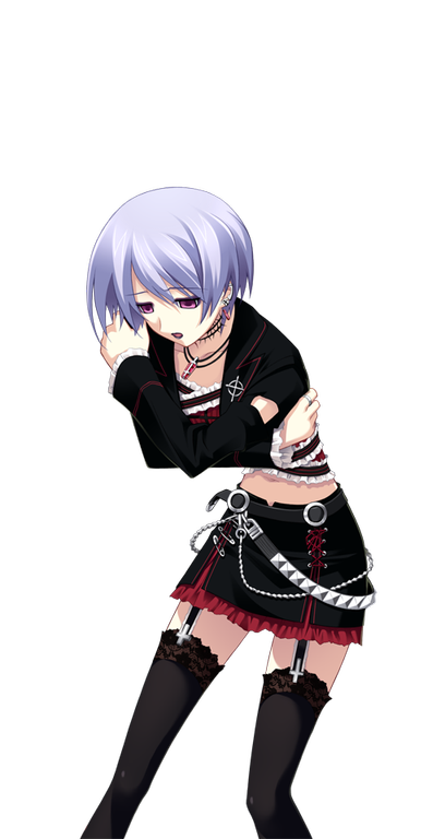 matsuo yukihiro, kishimoto ayase, chaos;head, phantasm, science adventure, non-web source, 1girl, arms around self, belt, black jacket, black lips, black skirt, black thighhighs, blue hair, chain, choker, collarbone, corset, cross, cross print, detached sleeves, earrings, empty eyes, facing viewer, frilled corset, frilled skirt, frilled sleeves, frills, garter straps, goth fashion, inverted cross, jacket, jewelry, lace, lace-trimmed thighhighs, lace trim, leather, leather jacket, leather skirt, long sleeves, looking down, midriff, miniskirt, navel, open mouth, red corset, red skirt, short hair, skirt, sky, solo, thighhighs