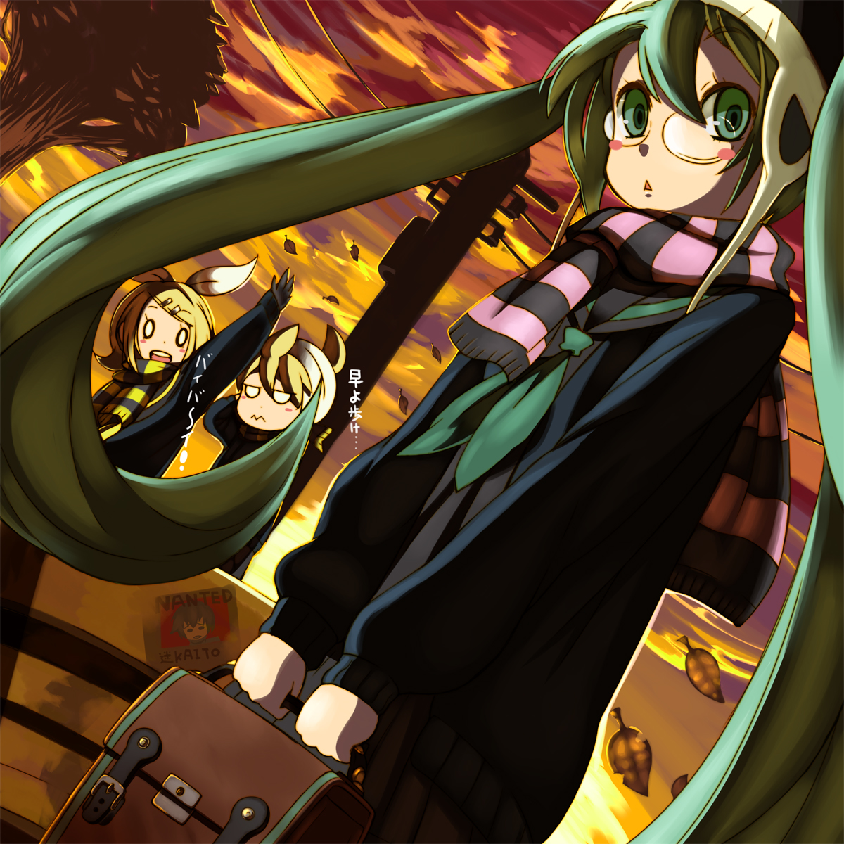 hajime (hajime-ill-1st), hajime (pixiv), hatsune miku, kagamine len, kagamine rin, kaito (vocaloid), vocaloid, bad id, bad pixiv id, highres, 1boy, 2girls, aqua eyes, aqua hair, bespectacled, blonde hair, bonnet, glasses, leaf, long hair, multiple girls, scarf, school uniform, serafuku, striped clothes, striped scarf, sunset, twintails, very long hair
