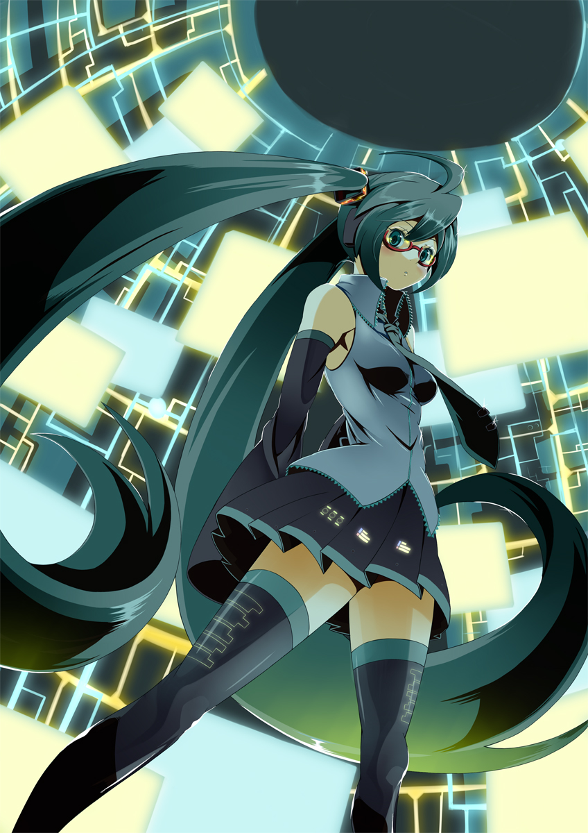 hajime (hajime-ill-1st), hajime (pixiv), hatsune miku, vocaloid, bad id, bad pixiv id, highres, 1girl, ahoge, aqua eyes, aqua hair, bespectacled, detached sleeves, female focus, glasses, headphones, legs, long hair, necktie, red-framed eyewear, semi-rimless eyewear, skirt, solo, thighhighs, twintails, under-rim eyewear, very long hair, zettai ryouiki