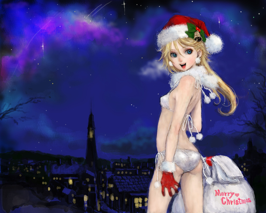 ponsuke (pon00000), original, bad id, bad pixiv id, 1girl, back, bell, bikini, blonde hair, blue eyes, christmas, church, cityscape, female focus, flat chest, gloves, hat, long hair, looking back, merry christmas, night, red gloves, sack, santa bikini, santa costume, santa hat, side-tie bikini bottom, sky, smile, solo, swimsuit