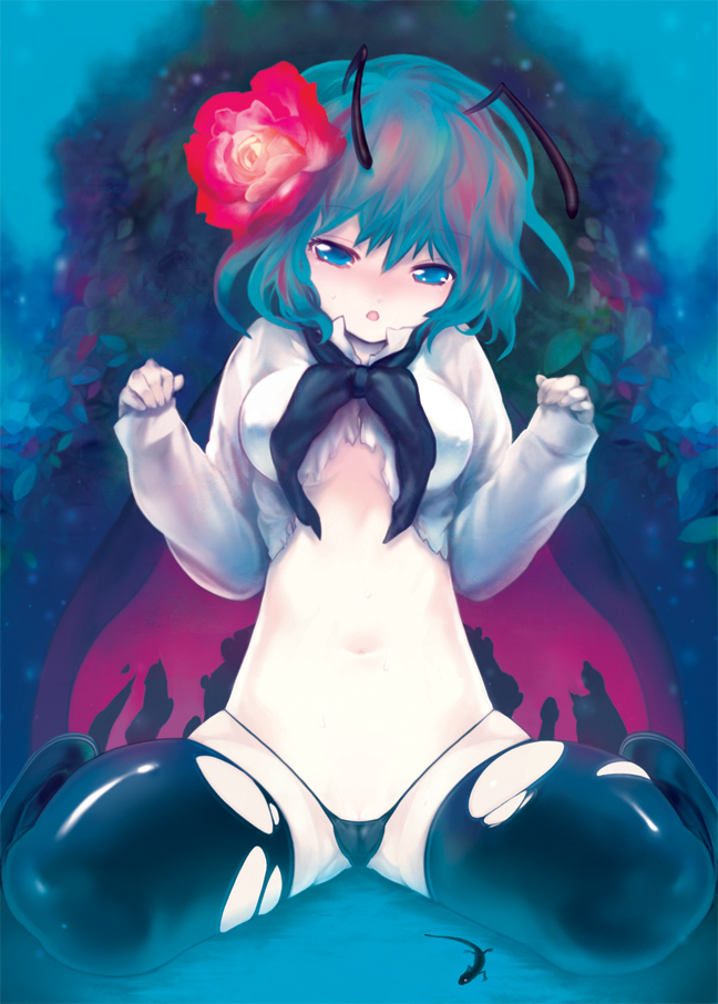 itou life, wriggle nightbug, touhou, bad id, bad pixiv id, 1girl, antennae, blue eyes, blush, bottomless, breasts, cape, female focus, flower, gradient background, green hair, hair ornament, nature, navel, no bra, no pants, outdoors, panties, plant, short hair, sitting, solo, thighhighs, torn clothes, torn thighhighs, underwear, wariza