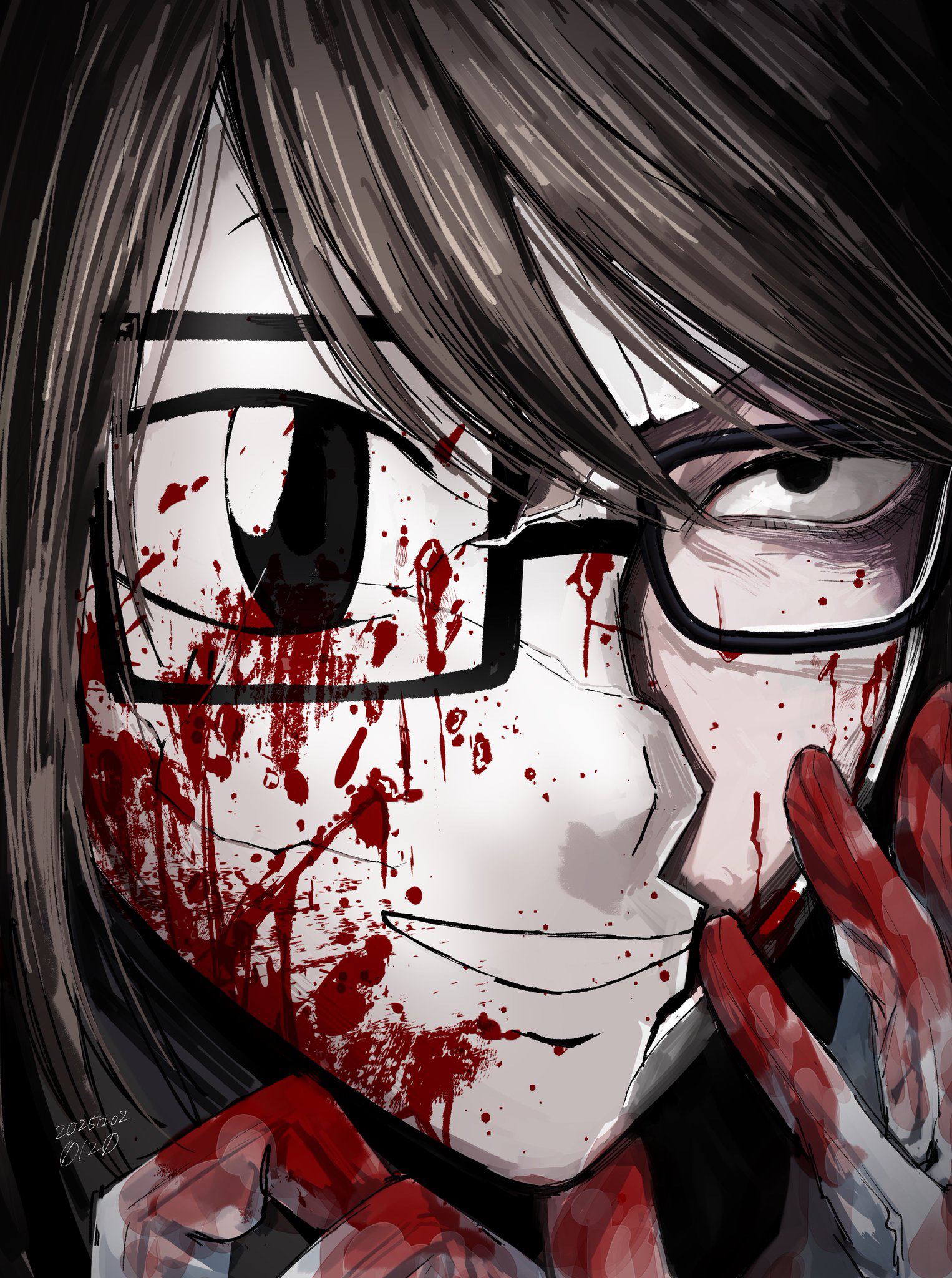 nil (pixiv 53614557), randal ivory, randal's friends, commentary request, highres, 1boy, black-framed eyewear, blood, blood on gloves, blood on mask, broken mask, brown hair, cracked kawaii mask, cracked mask, dated, glasses, gloves, male focus, mask, medium hair, portrait, solo, white gloves