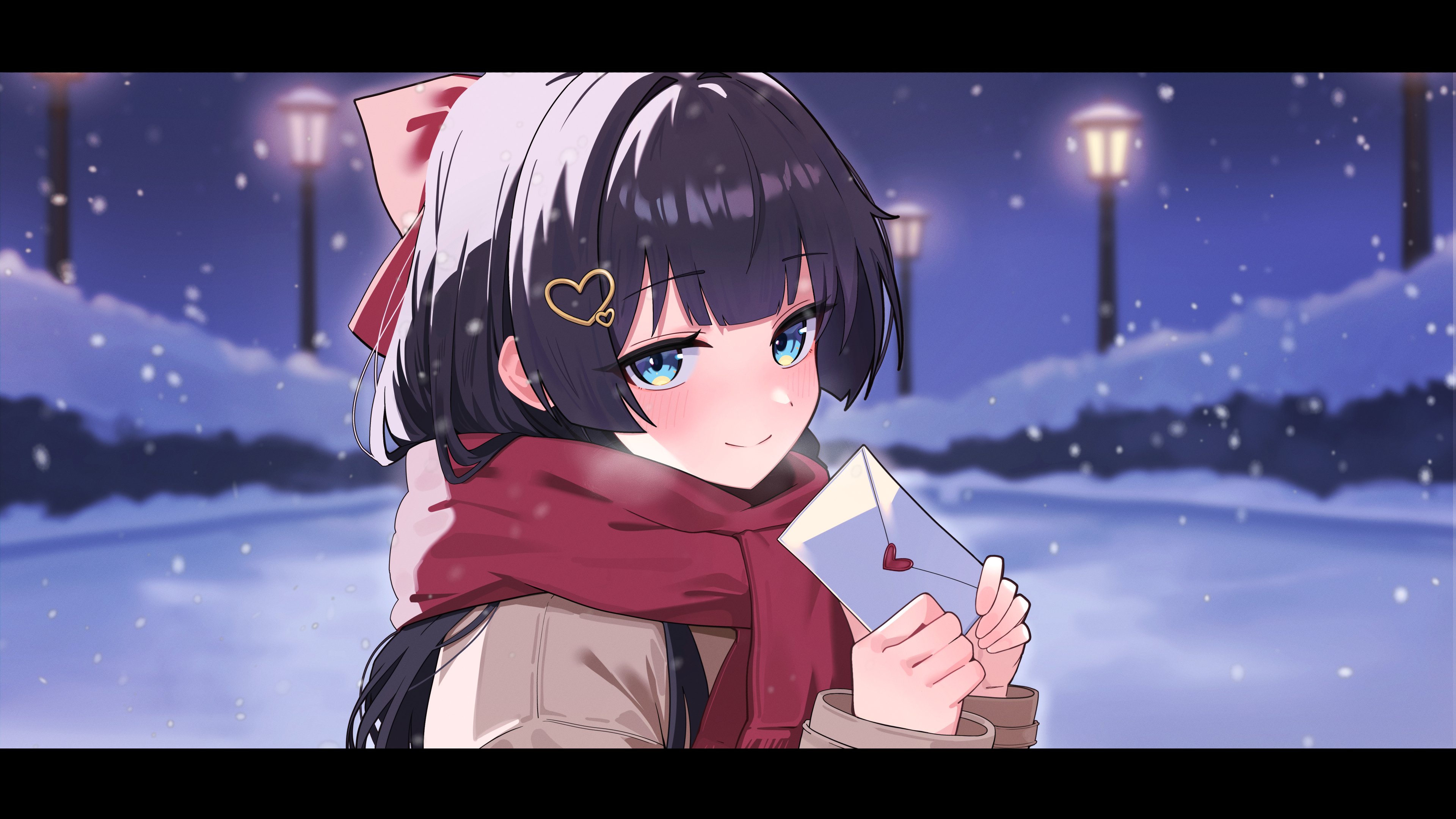 tay (cdjk7758), shirayuki hina, stellive, absurdres, commentary request, highres, korean commentary, 1girl, black hair, blue eyes, blurry, blurry background, breath, brown shirt, closed mouth, depth of field, envelope, from side, hair ornament, heart, heart hair ornament, holding, holding envelope, lamppost, letterboxed, long hair, long sleeves, looking at viewer, looking to the side, night, outdoors, red scarf, scarf, shirt, smile, snow, snowing, solo, split mouth, turning head, upper body, virtual youtuber, winter, winter clothes