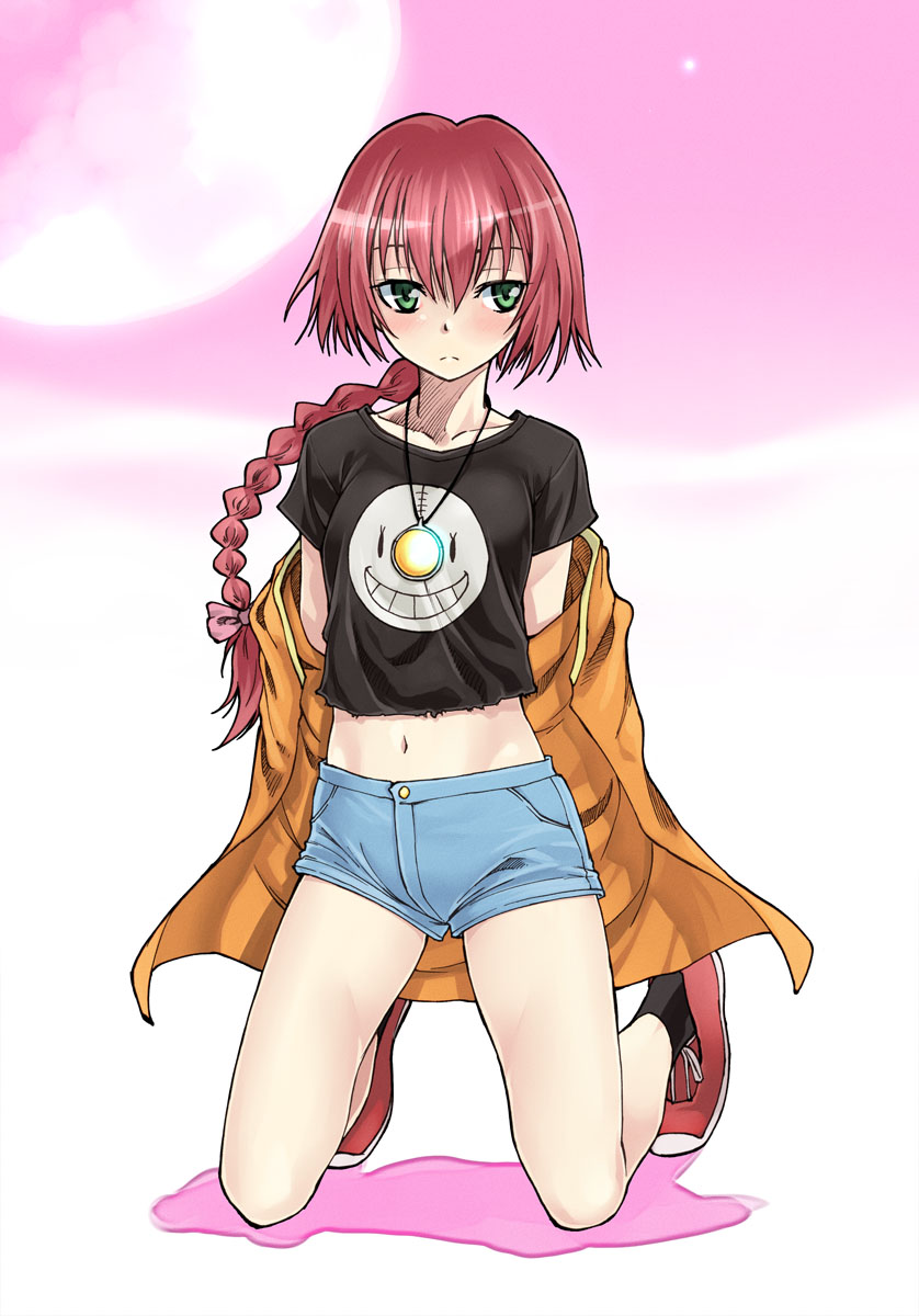 satou atsuki, suou pavlichenko, darker than black, highres, 00s, 1girl, braid, denim, denim shorts, female focus, green eyes, jacket, jewelry, legs, long hair, midriff, navel, necklace, red hair, shorts, smiley face, solo