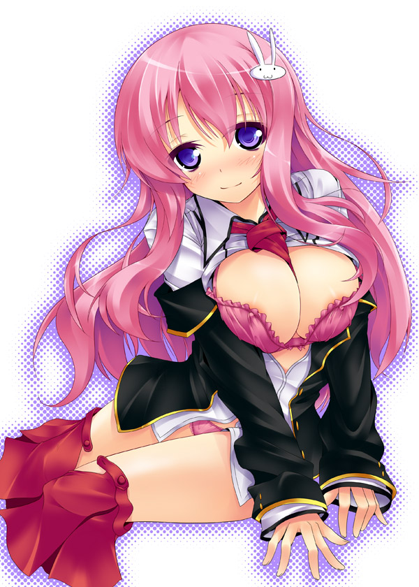 nana (732 kaiten), himeji mizuki, baka to test to shoukanjuu, 1girl, :3, areola slip, between breasts, blush, bra, breasts, clothes pull, female focus, hair ornament, large breasts, lingerie, long hair, off shoulder, open clothes, open shirt, panties, pink hair, pink panties, purple eyes, rabbit, shirt, sitting, skirt, skirt pull, smile, solo, underwear, very long hair