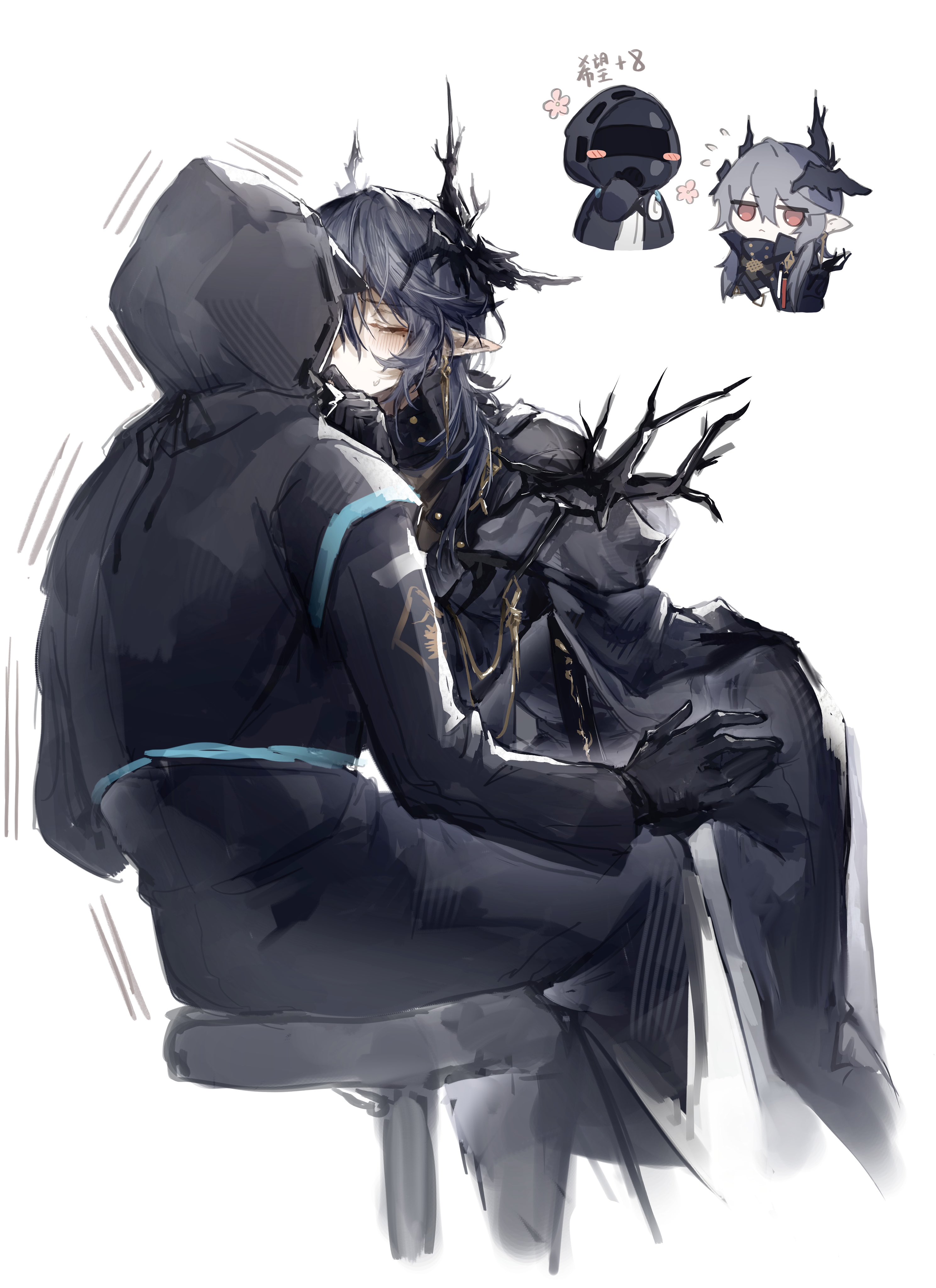 takano jiyuu, doctor (arknights), logos (arknights), arknights, absurdres, highres, 2boys, black coat, black gloves, black hair, black jacket, blush, blush stickers, chibi, chibi inset, closed eyes, coat, cropped legs, demon boy, demon horns, gloves, hood, hood up, hooded coat, hooded jacket, horns, jacket, kiss, leaning forward, multiple boys, on stool, pointy ears, red eyes, simple background, sitting, stool, white background, yaoi